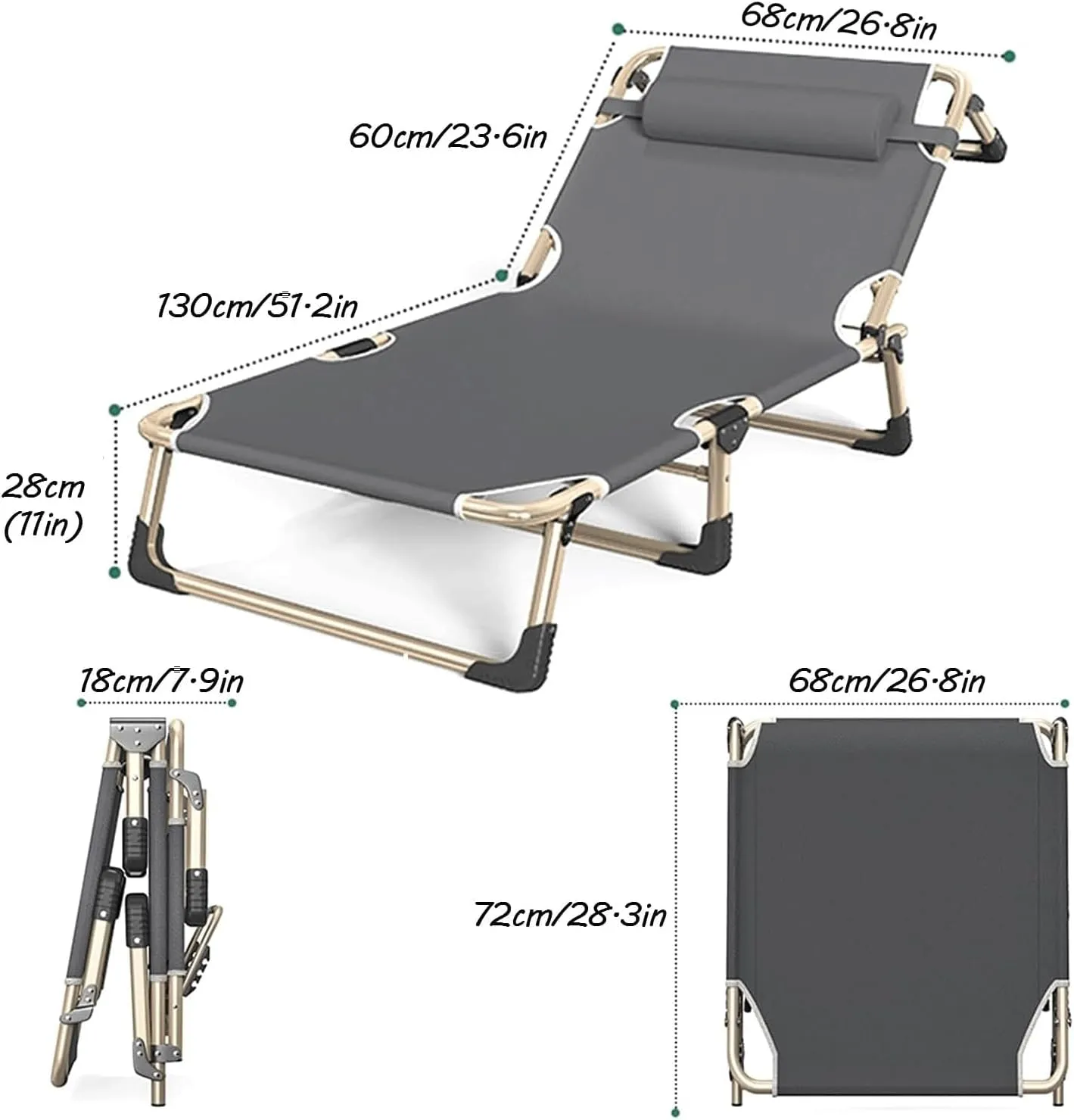 EYPKPL cots for Sleeping Lounge Camping Cot 4-Level Adjustment Folding Camping Bed with Pillow Reclining Chaise Support 330 Lbs Cots for Camping Stretching Freely