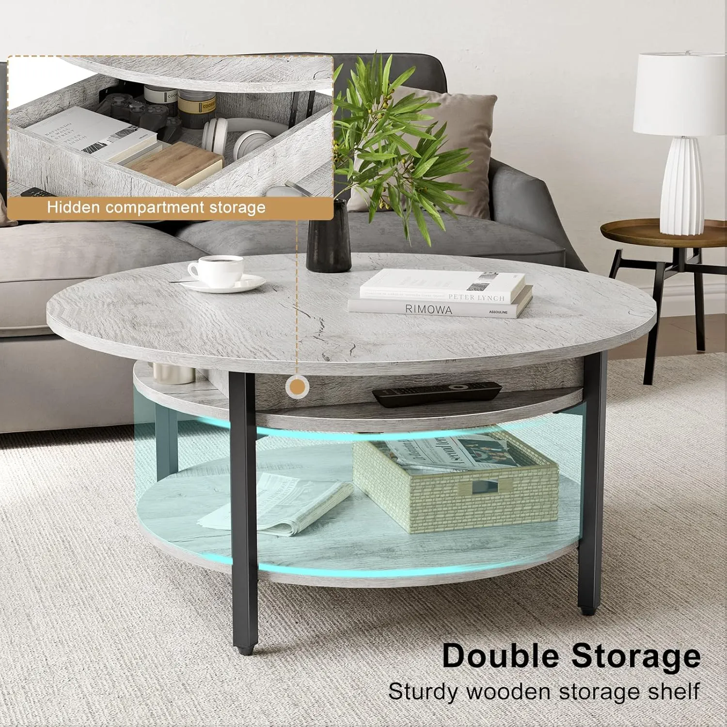 FABATO Round Lift Top Coffee Table for Living Room, 35.43'' Round Coffee Table with Storage and Hidden Compartment, 2 Tier Large Farmhouse Coffee Table Round Dining Table, Gray