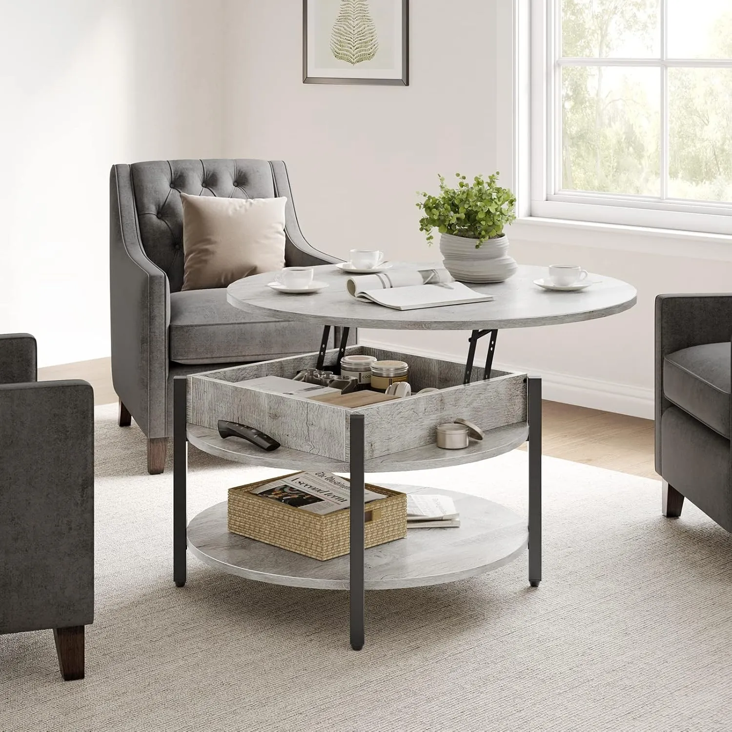 FABATO Round Lift Top Coffee Table for Living Room, 35.43'' Round Coffee Table with Storage and Hidden Compartment, 2 Tier Large Farmhouse Coffee Table Round Dining Table, Gray