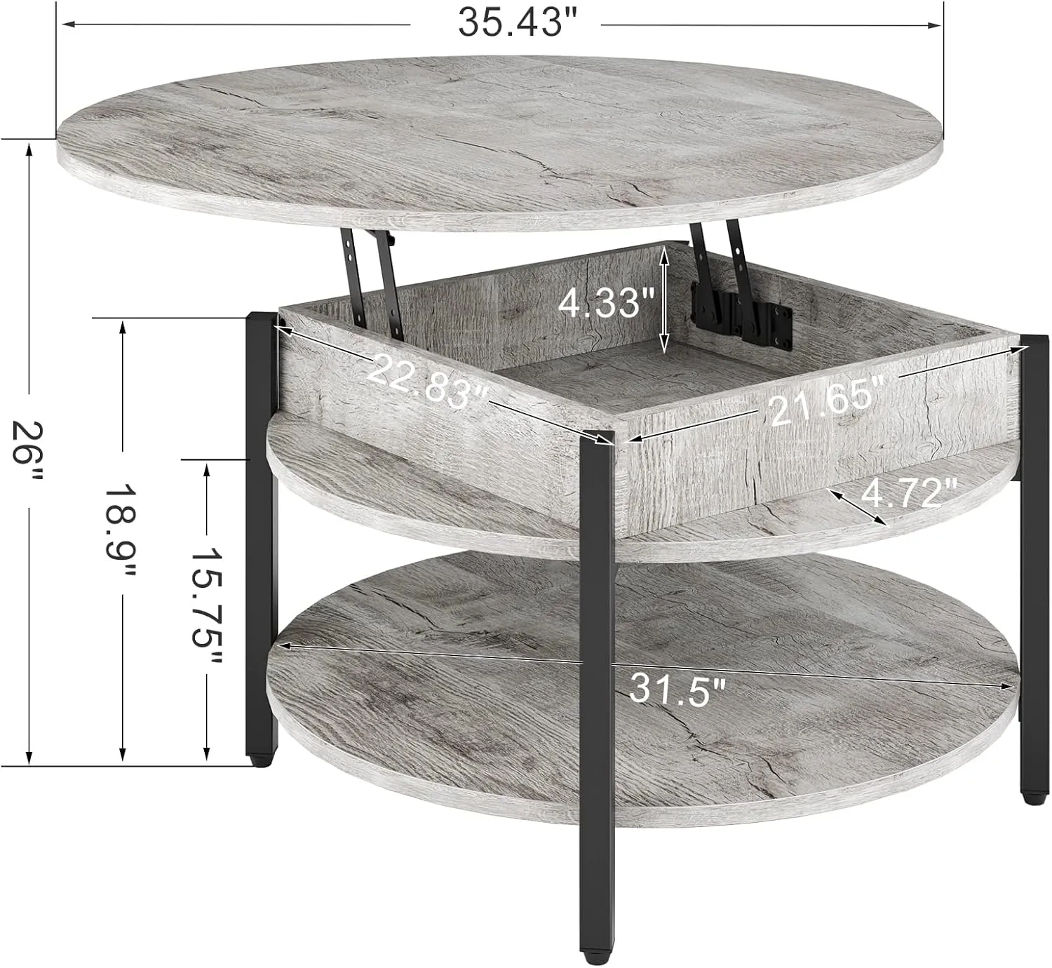FABATO Round Lift Top Coffee Table for Living Room, 35.43'' Round Coffee Table with Storage and Hidden Compartment, 2 Tier Large Farmhouse Coffee Table Round Dining Table, Gray