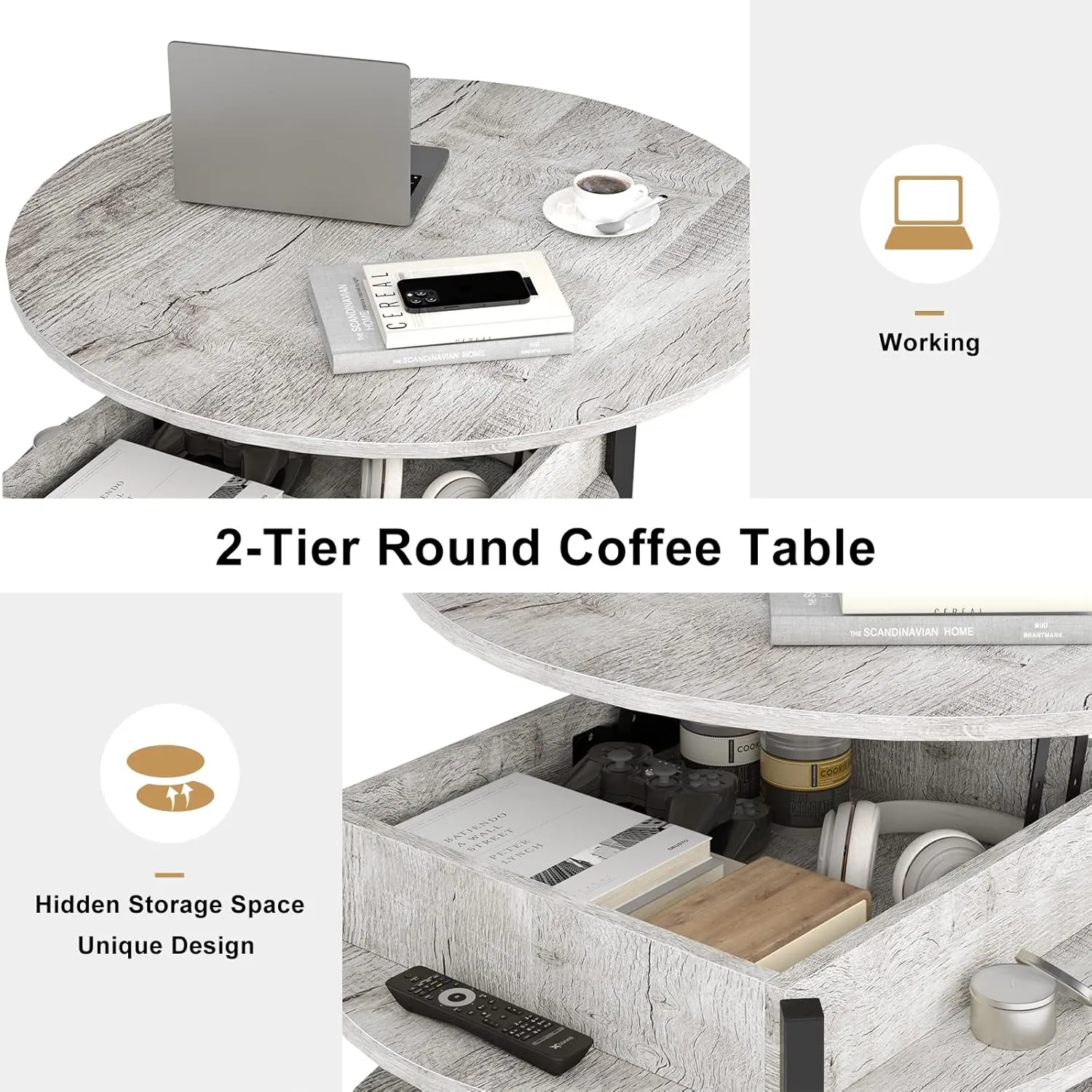 FABATO Round Lift Top Coffee Table for Living Room, 35.43'' Round Coffee Table with Storage and Hidden Compartment, 2 Tier Large Farmhouse Coffee Table Round Dining Table, Gray