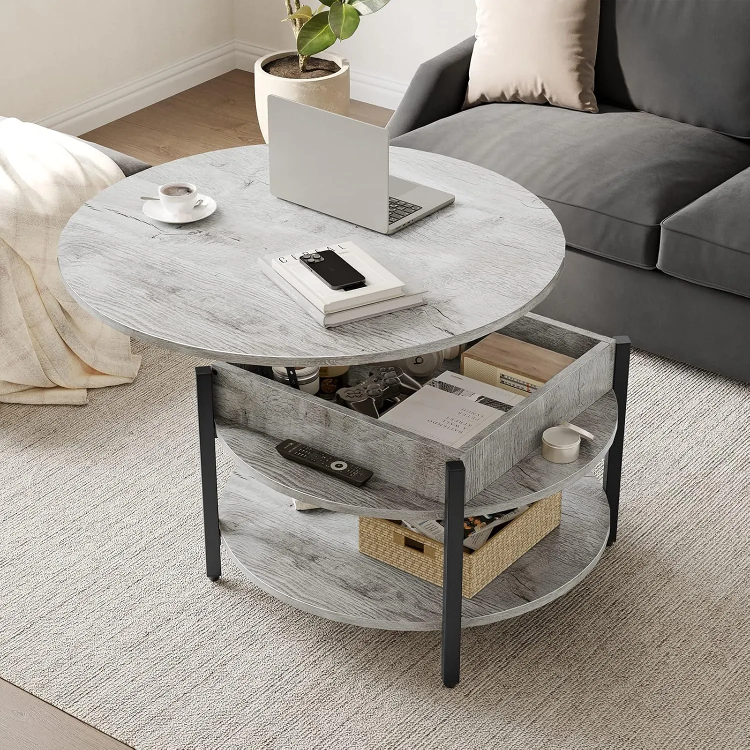 FABATO Round Lift Top Coffee Table for Living Room, 35.43'' Round Coffee Table with Storage and Hidden Compartment, 2 Tier Large Farmhouse Coffee Table Round Dining Table, Gray