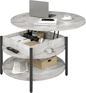 FABATO Round Lift Top Coffee Table for Living Room, 35.43'' Round Coffee Table with Storage and Hidden Compartment, 2 Tier Large Farmhouse Coffee Table Round Dining Table, Gray