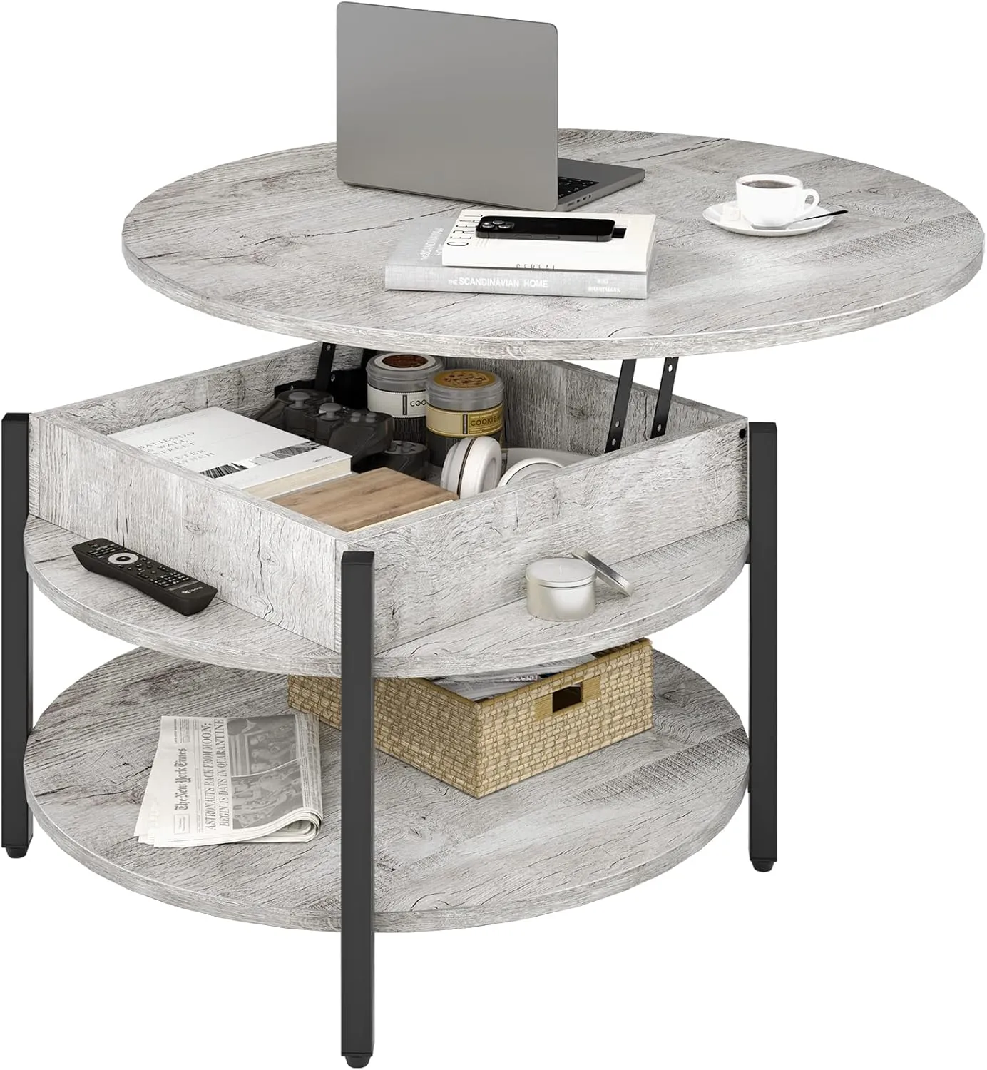 FABATO Round Lift Top Coffee Table for Living Room, 35.43'' Round Coffee Table with Storage and Hidden Compartment, 2 Tier Large Farmhouse Coffee Table Round Dining Table, Gray