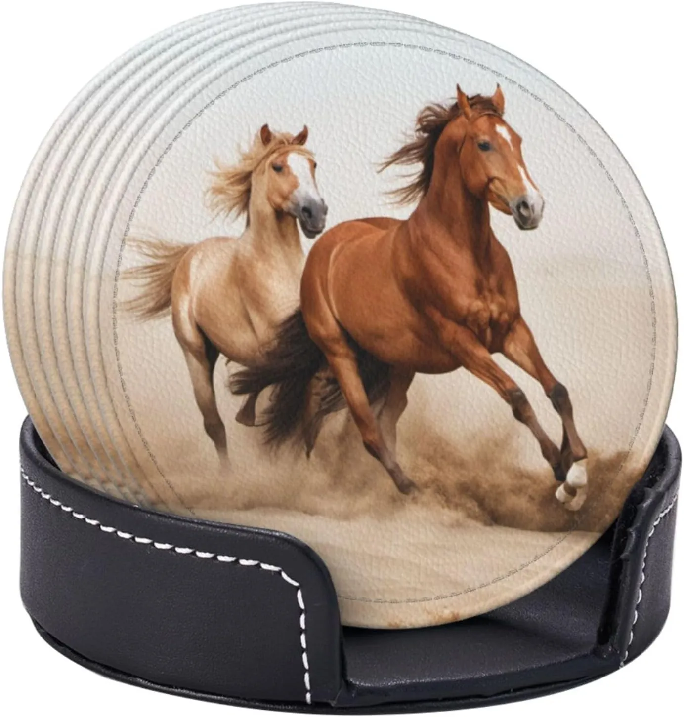 Famame 6 Pcs Desert Running Horses Leather Coasters for Drinks with Holder Coaster Sets Drink Table Cup Coasters for Living Room Kitchen Coffee Decor