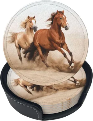 Famame 6 Pcs Desert Running Horses Leather Coasters for Drinks with Holder Coaster Sets Drink Table Cup Coasters for Living Room Kitchen Coffee Decor