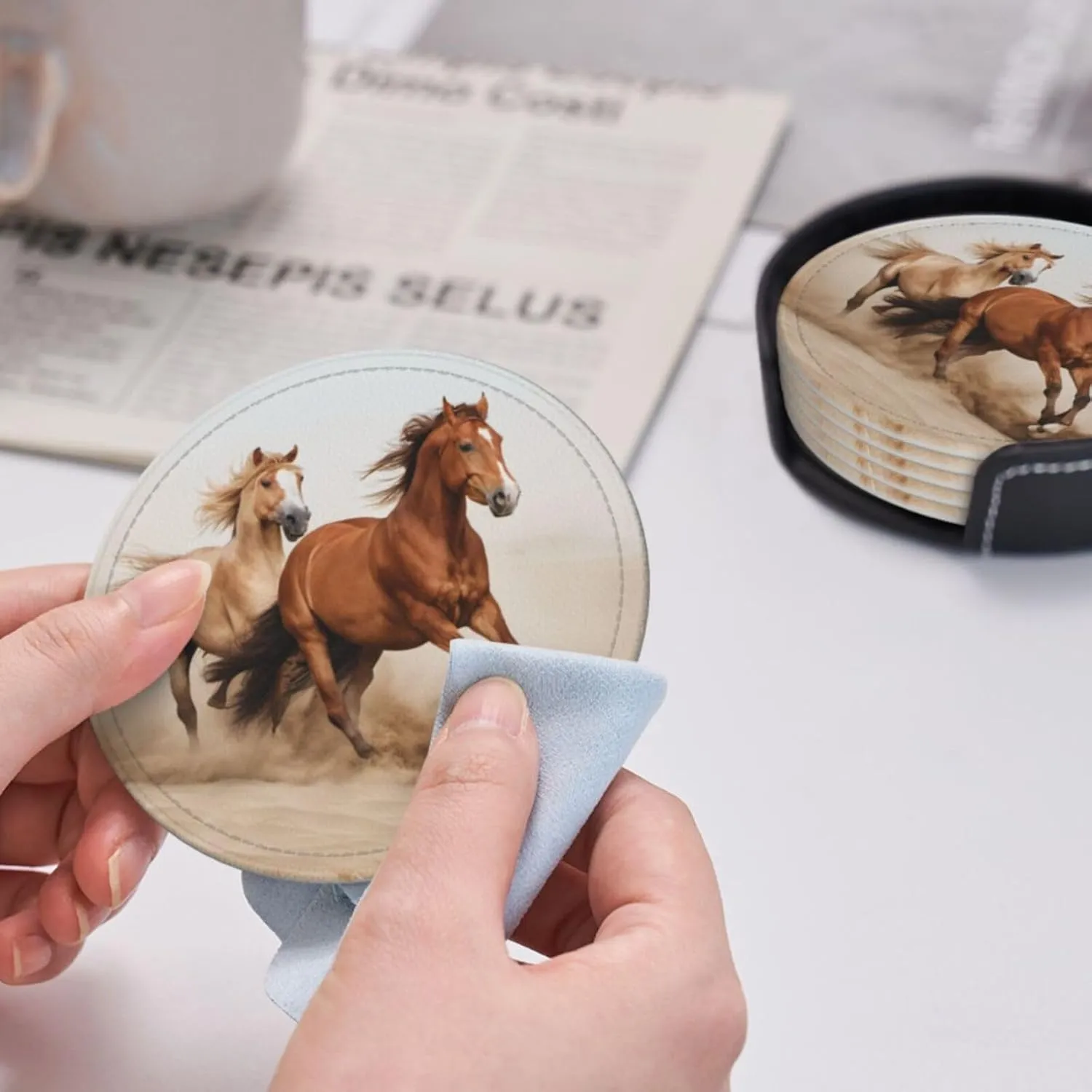 Famame 6 Pcs Desert Running Horses Leather Coasters for Drinks with Holder Coaster Sets Drink Table Cup Coasters for Living Room Kitchen Coffee Decor