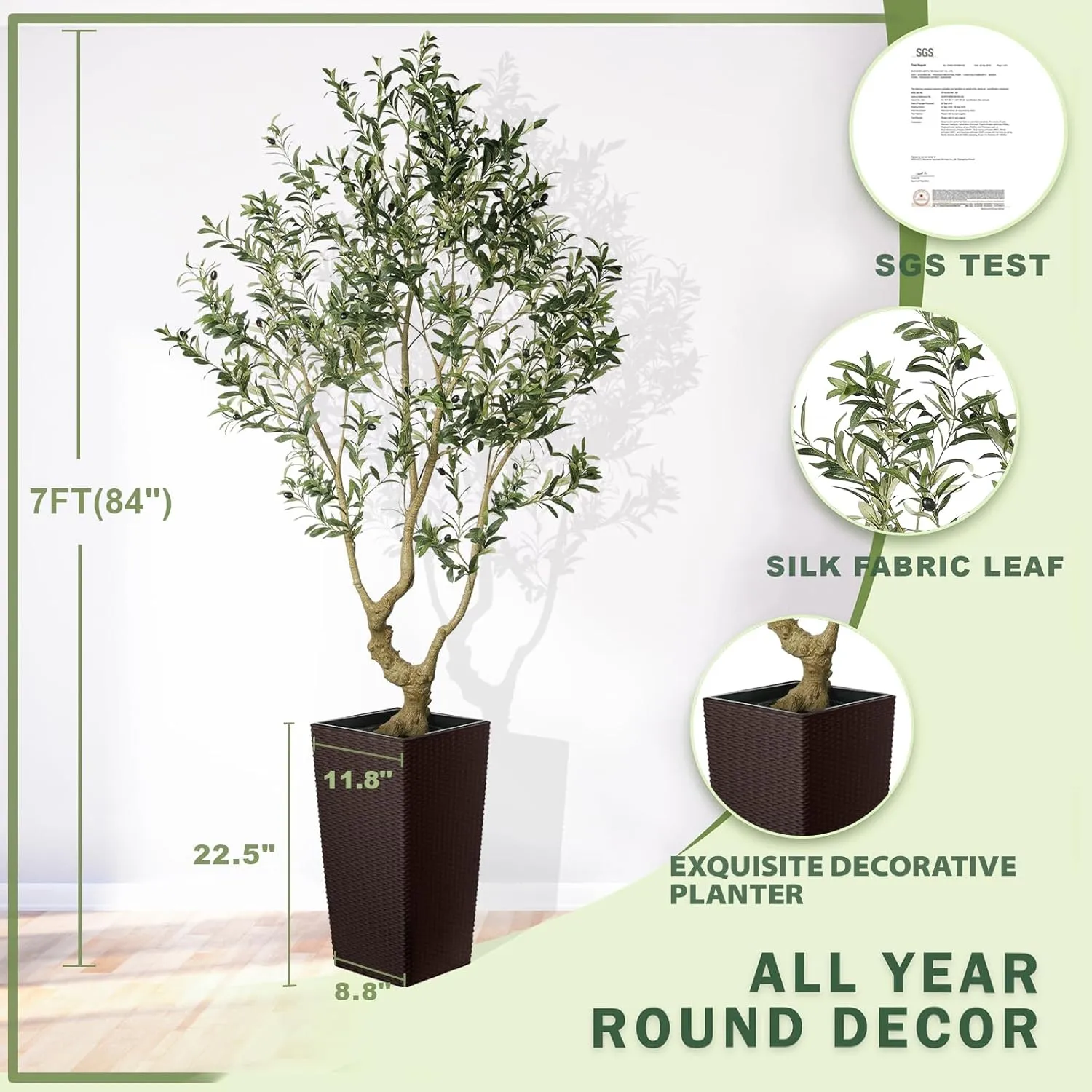 Faux Olive Tree 7ft - Olive Trees Artificial Indoor with Brown Tall and Large Planter - Fake Olive Tree with Natural Wood Trunk and Lifelike Fruits for Home House Office Decor