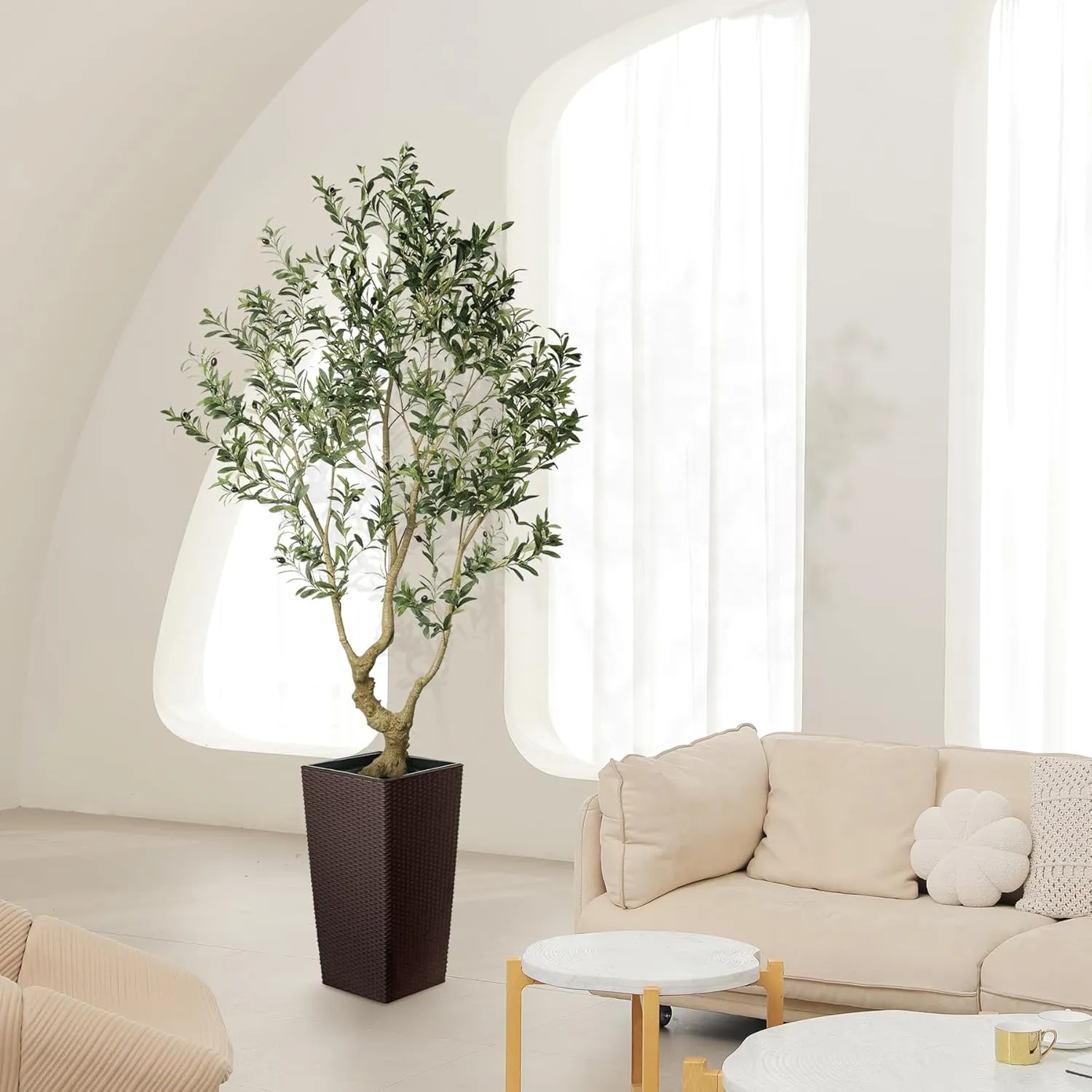 Faux Olive Tree 7ft - Olive Trees Artificial Indoor with Brown Tall and Large Planter - Fake Olive Tree with Natural Wood Trunk and Lifelike Fruits for Home House Office Decor