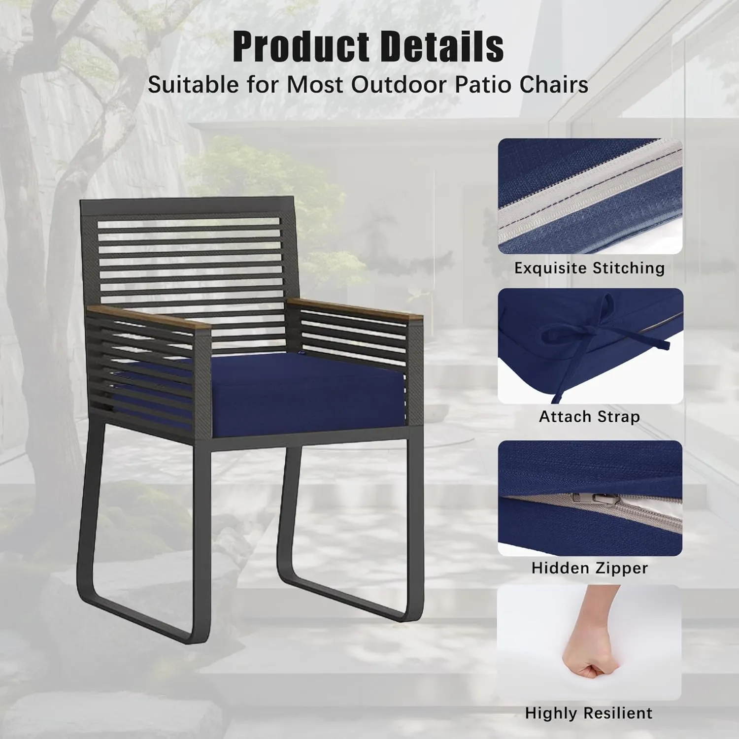 Favoyard Outdoor Chair Cushion 18.5 x 16 x 3 Inch Rainproof & 3-Year Fade Resistant Patio Furniture Cushions with Removable Cover and Adjustable Ties for Garden Sofa Couch Pads Set of 2, Blue