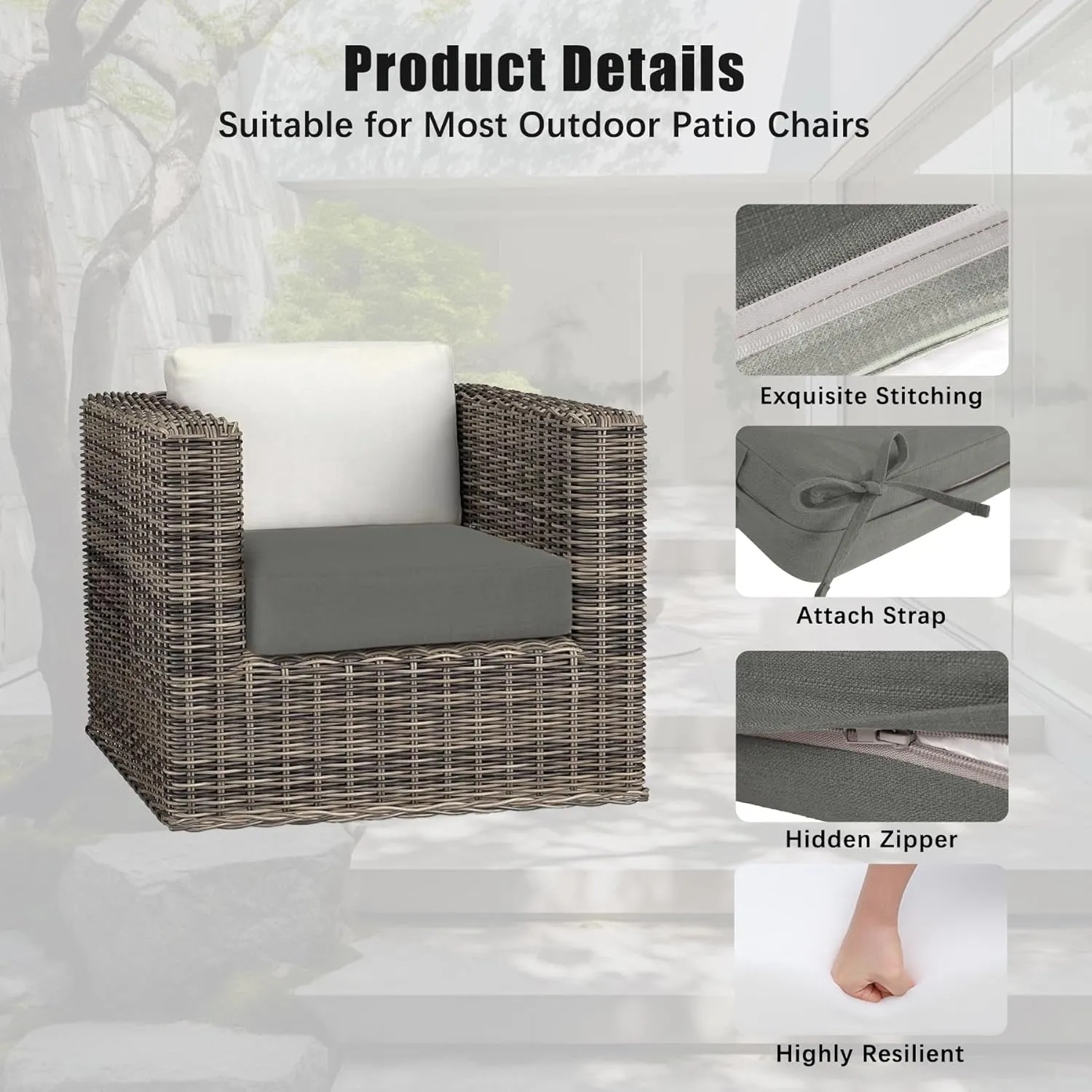 Favoyard Outdoor Chair Cushion 22 x 22 x 3 Inch Rainproof & 3-Year Fade Resistant Patio Furniture Cushions with Removable Cover and Adjustable Ties for Garden Sofa Couch Pads Set of 2, Dark Gray