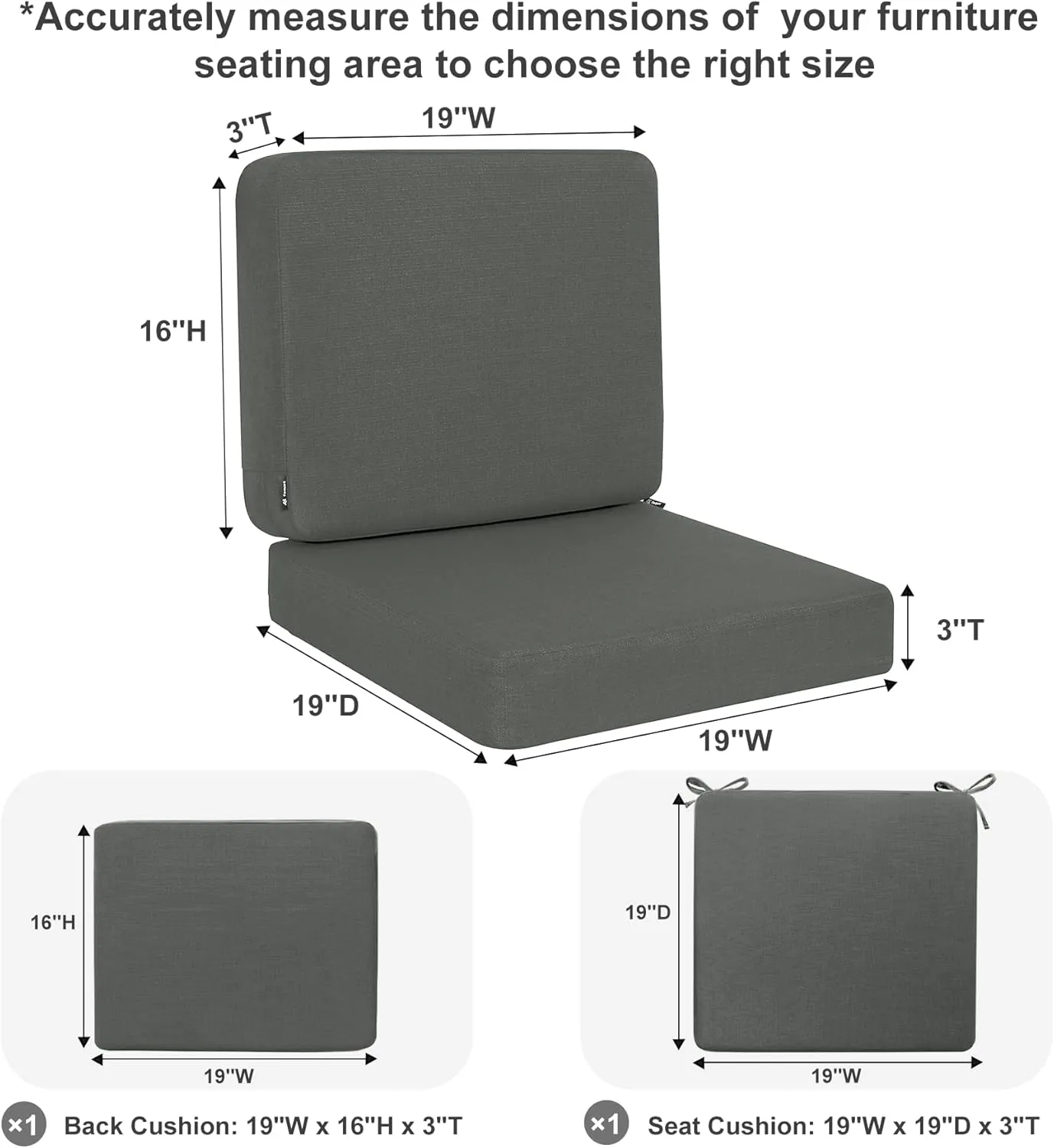 Favoyard Outdoor Deep Seat Cushion Set, 19 x 19 Inch Rainproof & 3-Year Fade Resistant Patio Furniture Cushions, Removable Seat Bottom & Back Cushion covers with Ties for Chair, Sofa, Couch, Dark Grey