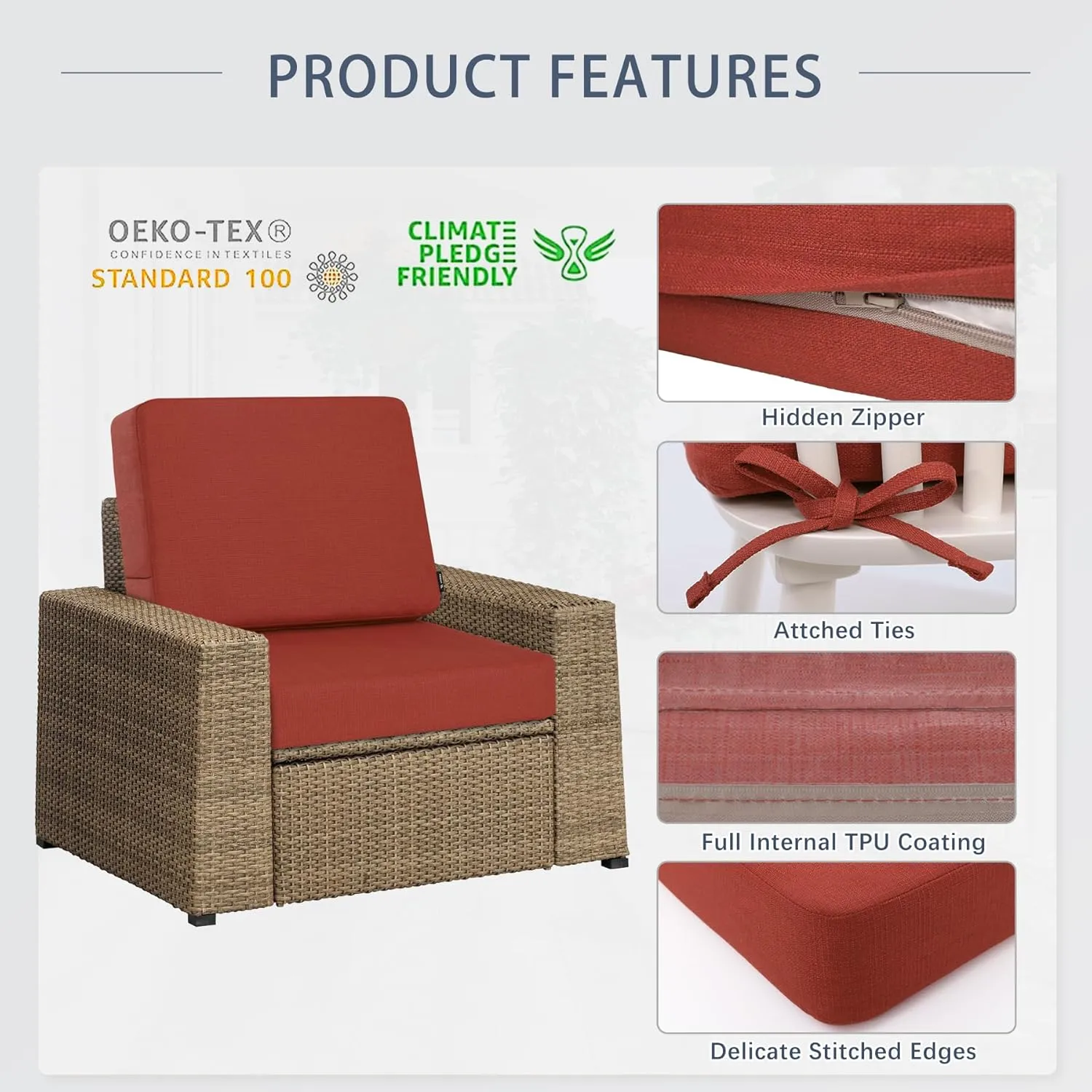 Favoyard Outdoor Deep Seat Cushion Set, 19 x 19 Inch Rainproof & 3-Year Fade Resistant Patio Furniture Cushions, Removable Seat Bottom & Back Cushion Covers with Ties for Chair, Sofa, Couch, Red
