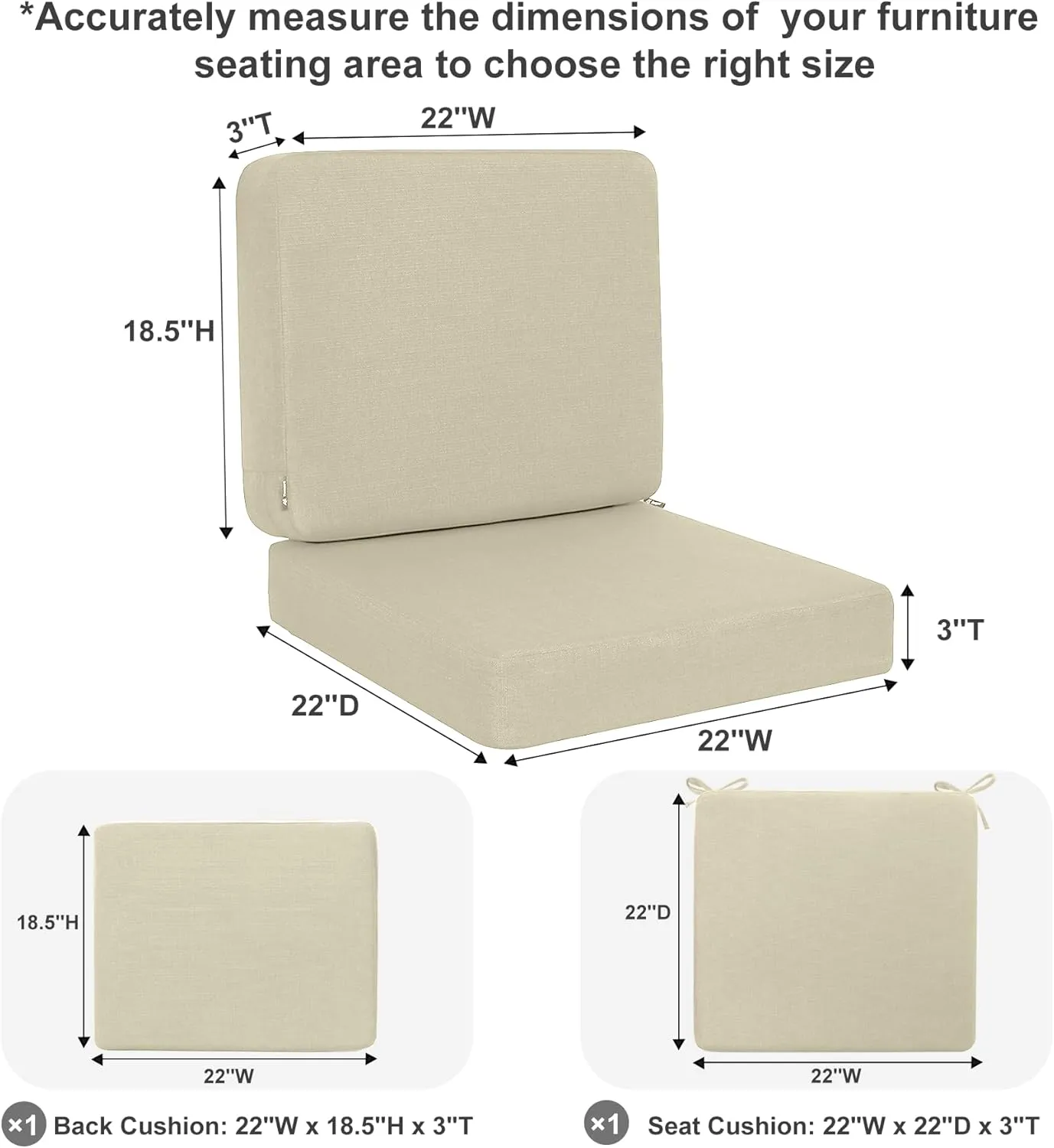 Favoyard Outdoor Deep Seat Cushion Set, 22 x 22 Inch Rainproof & 3-Year Fade Resistant Patio Furniture Cushions, Removable Seat Bottom & Back Cushion Covers with Ties for Chair, Sofa, Couch, Beige