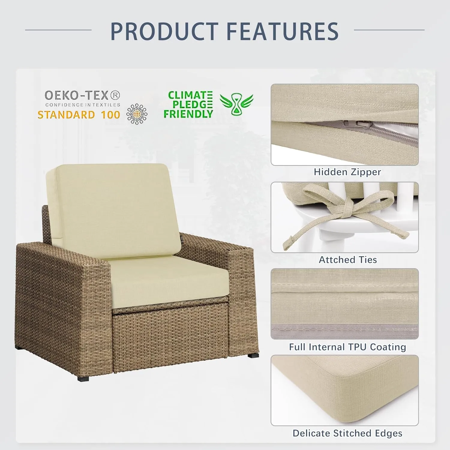 Favoyard Outdoor Deep Seat Cushion Set, 24 x 24 Inch Rainproof & 3-Year Fade Resistant Patio Furniture Cushions, Removable Seat Bottom & Back Cushion Covers with Ties for Chair, Sofa, Couch, Beige