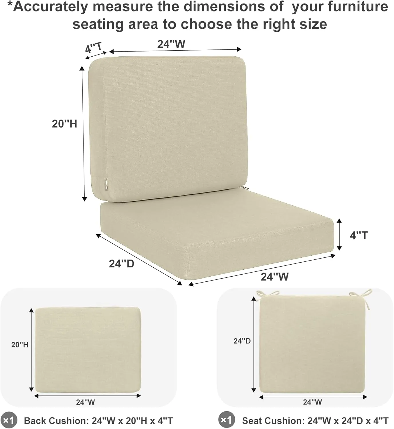 Favoyard Outdoor Deep Seat Cushion Set, 24 x 24 Inch Rainproof & 3-Year Fade Resistant Patio Furniture Cushions, Removable Seat Bottom & Back Cushion Covers with Ties for Chair, Sofa, Couch, Beige