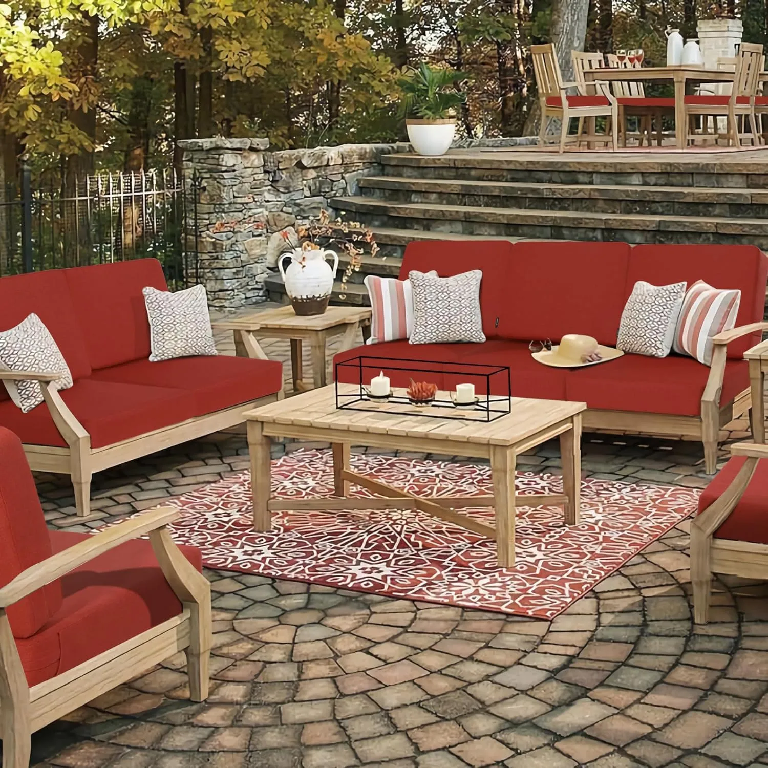 Favoyard Outdoor Deep Seat Cushion Set, 24 x 24 Inch Rainproof & 3-Year Fade Resistant Patio Furniture Cushions, Removable Seat Bottom & Back Cushion Covers with Ties for Chair, Sofa, Couch, Red