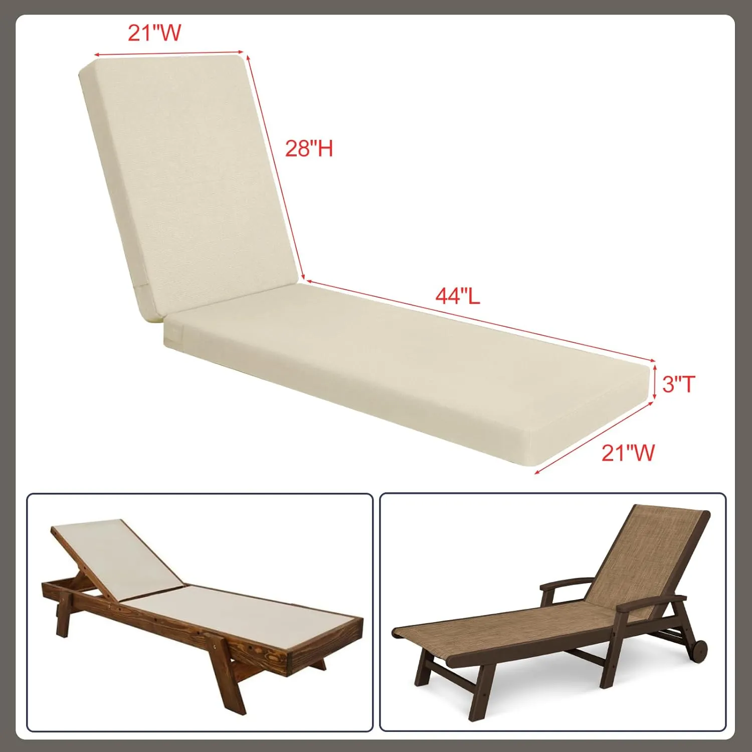 Favoyard Outdoor Lounge Chair Cushion 72x21x3 in Rainproof Color Fade-Resistant & Removable Cover Patio Chaise Lounge Cushion with High Resilience Insert Straps Hidden Zipper for Pool Lounge Chairs