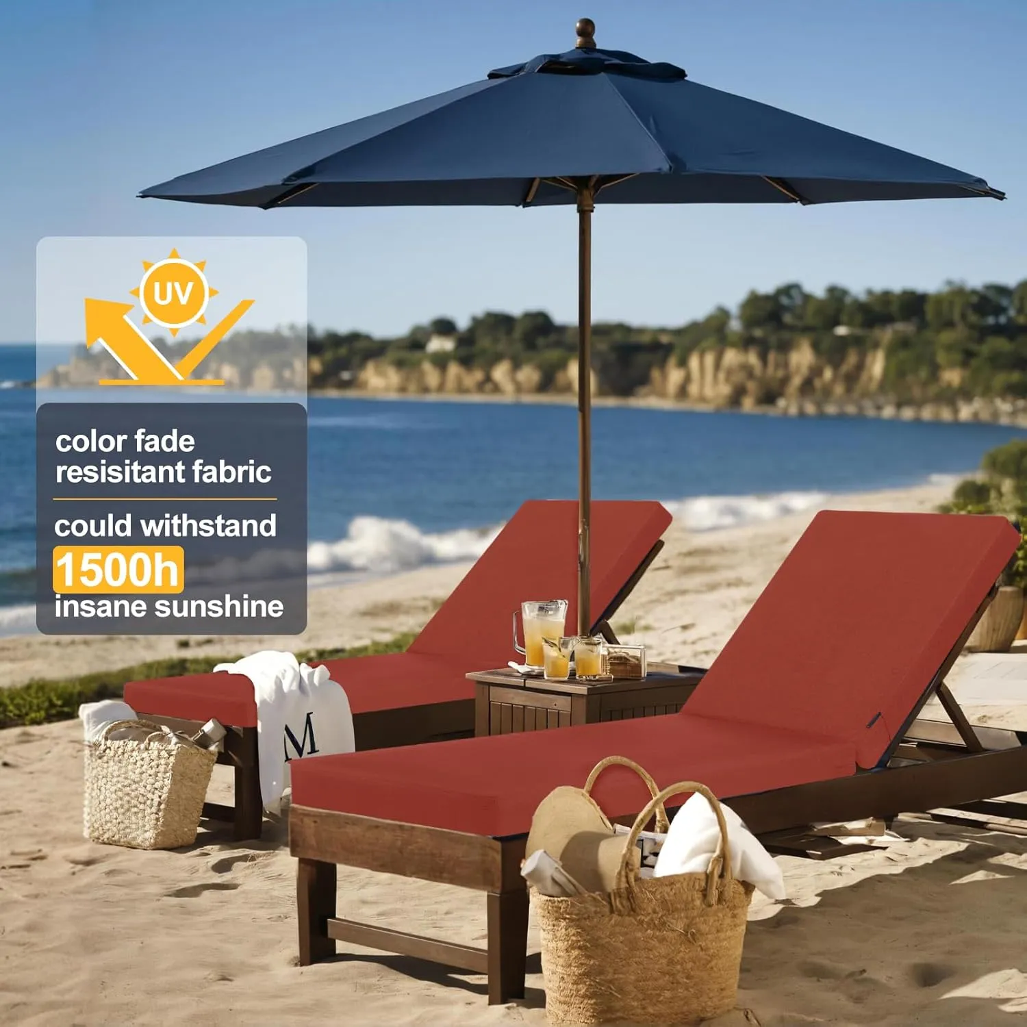 Favoyard Outdoor Lounge Chair Cushion 72x21x3 in Rainproof Color Fade-Resistant & Removable Cover Patio Chaise Lounge Cushion with High Resilience Insert Straps Hidden Zipper for Pool Lounge Chairs