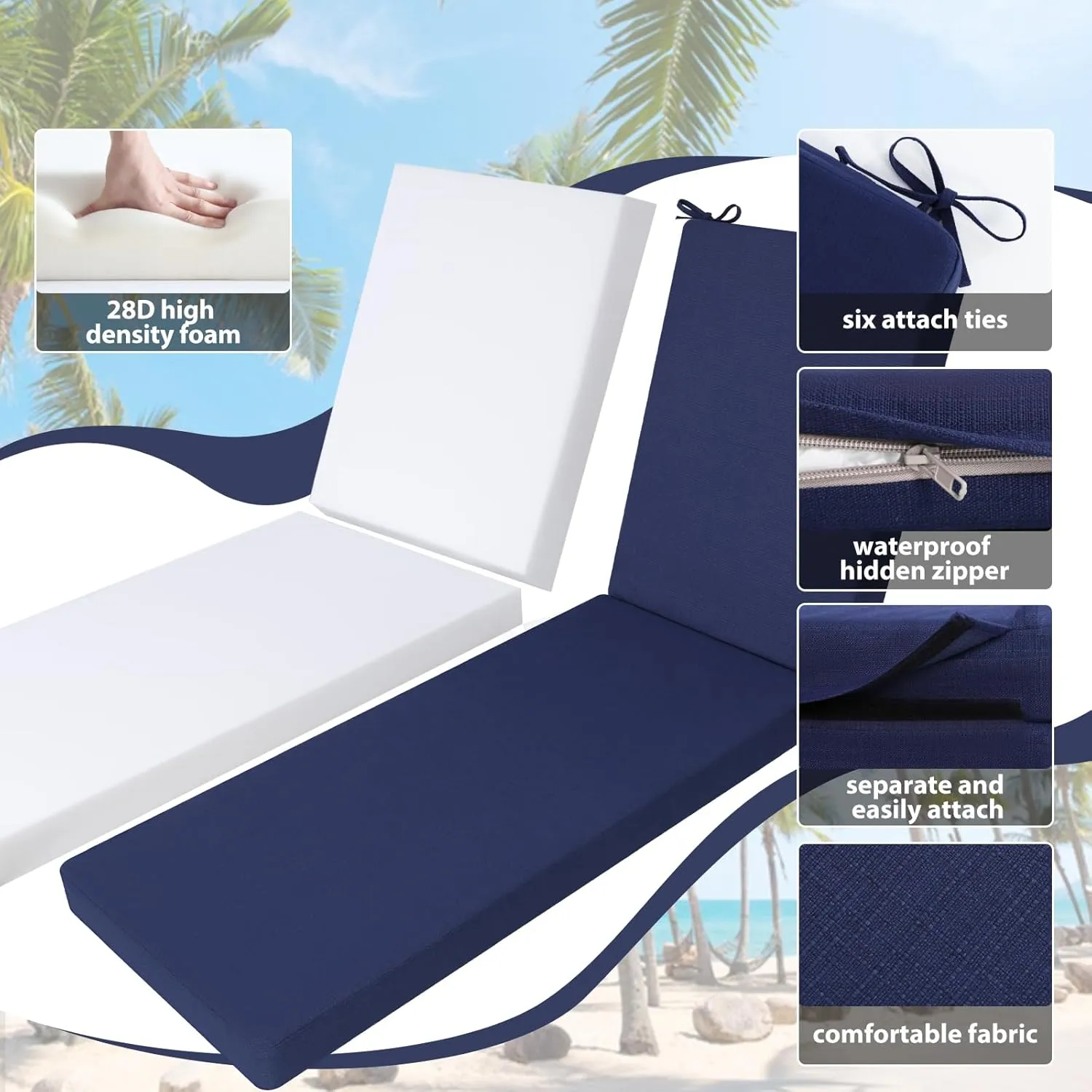 Favoyard Outdoor Lounge Chair Cushion 72x21x3 in Rainproof Color Fade-Resistant & Removable Cover Patio Chaise Lounge Cushion with High Resilience Insert Straps Hidden Zipper for Pool Lounge Chairs