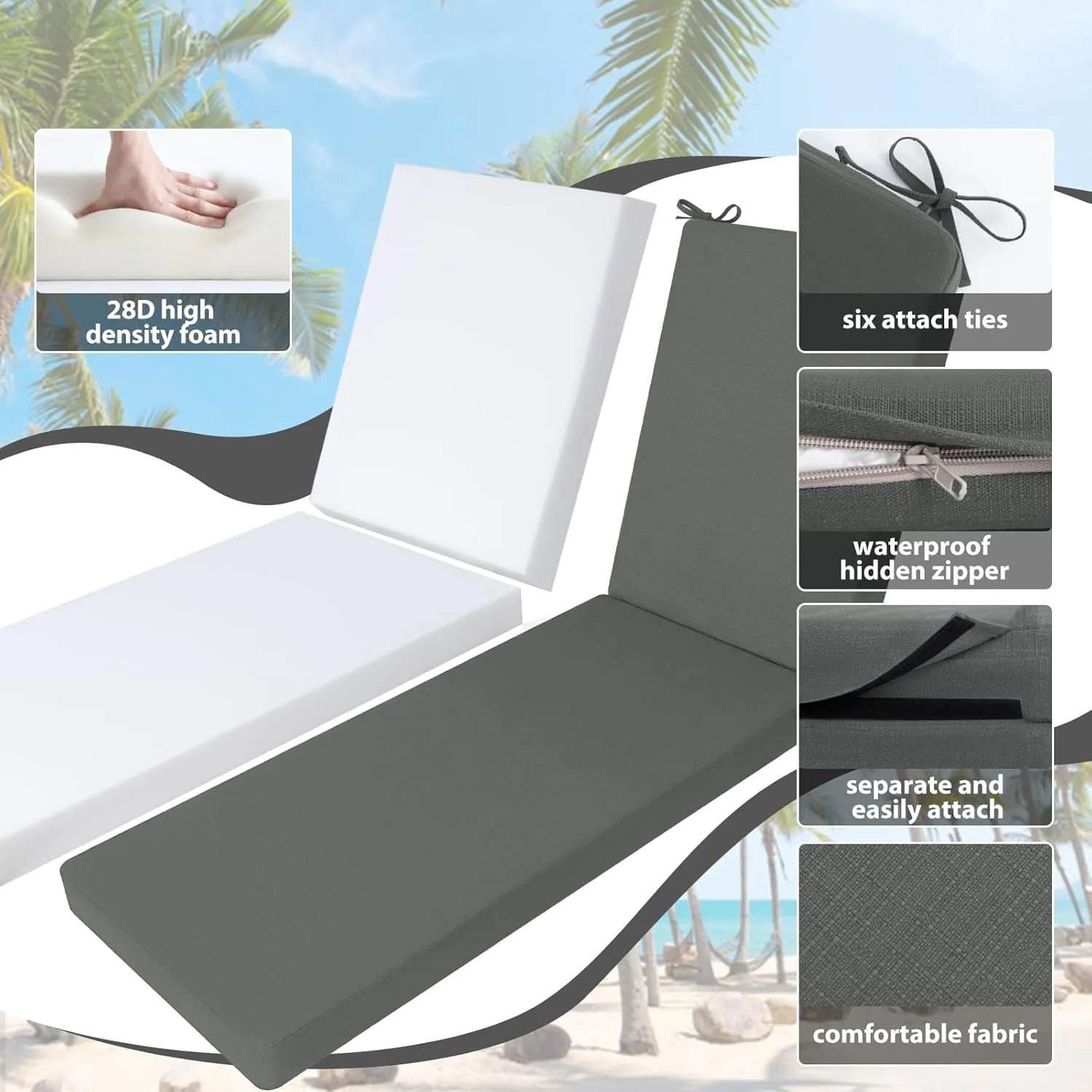 Favoyard Outdoor Lounge Chair Cushion 72x21x3 in Rainproof Color Fade-Resistant & Removable Cover Patio Chaise Lounge Cushion with High Resilience Insert Straps Hidden Zipper for Pool Lounge Chairs