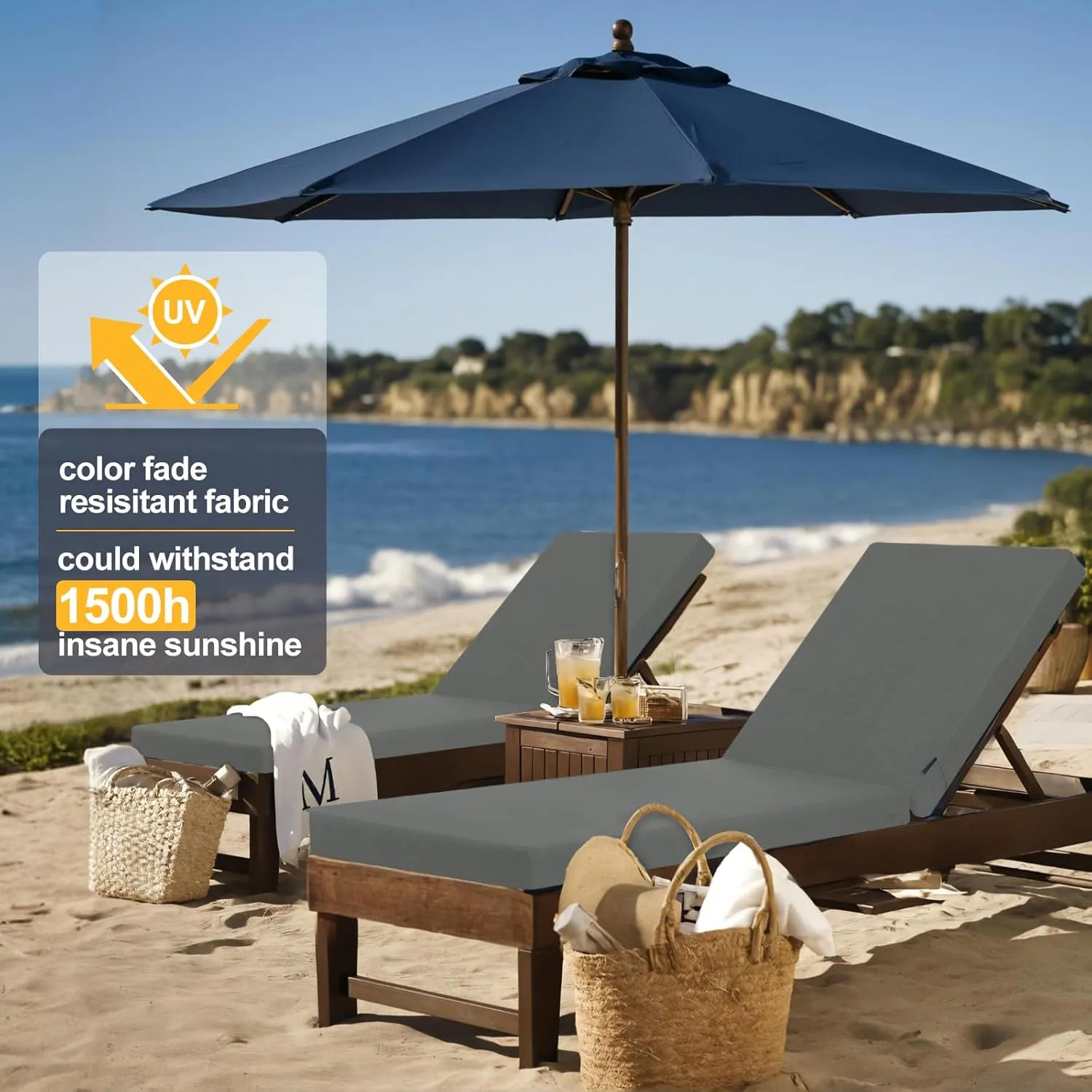Favoyard Outdoor Lounge Chair Cushion 72x21x3 in Rainproof Color Fade-Resistant & Removable Cover Patio Chaise Lounge Cushion with High Resilience Insert Straps Hidden Zipper for Pool Lounge Chairs