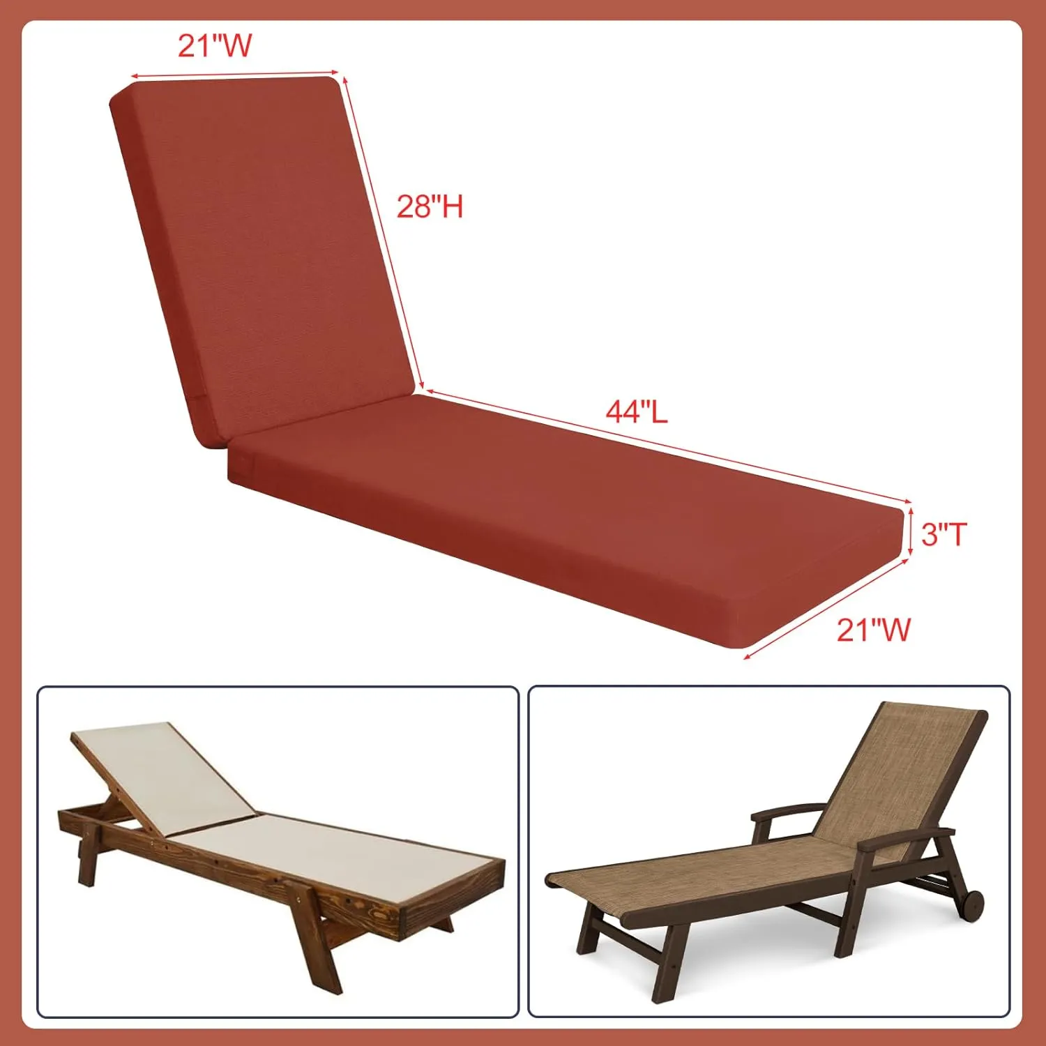 Favoyard Outdoor Lounge Chair Cushion 72x21x3 in Rainproof Color Fade-Resistant & Removable Cover Patio Chaise Lounge Cushion with High Resilience Insert Straps Hidden Zipper for Pool Lounge Chairs