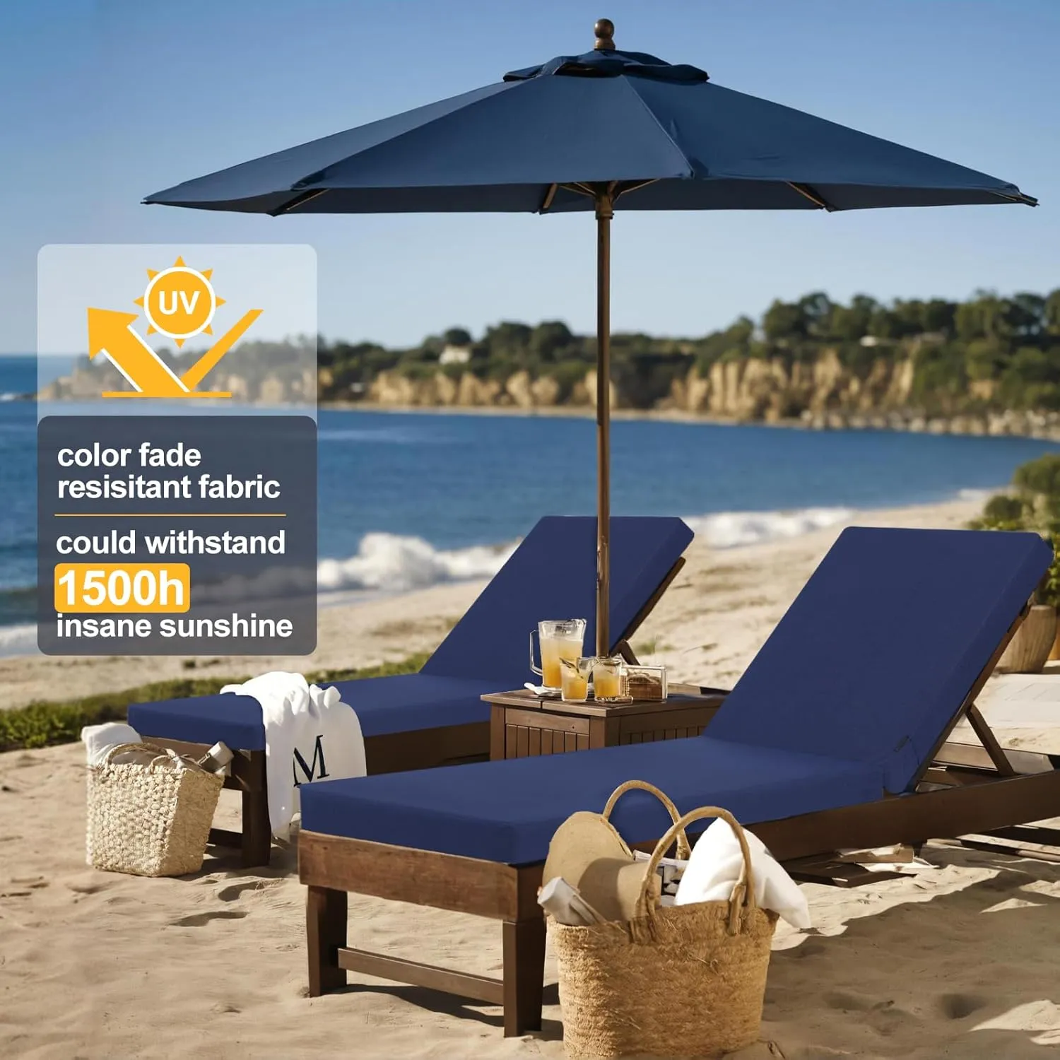 Favoyard Outdoor Lounge Chair Cushion 72x21x3 in Rainproof Color Fade-Resistant & Removable Cover Patio Chaise Lounge Cushion with High Resilience Insert Straps Hidden Zipper for Pool Lounge Chairs