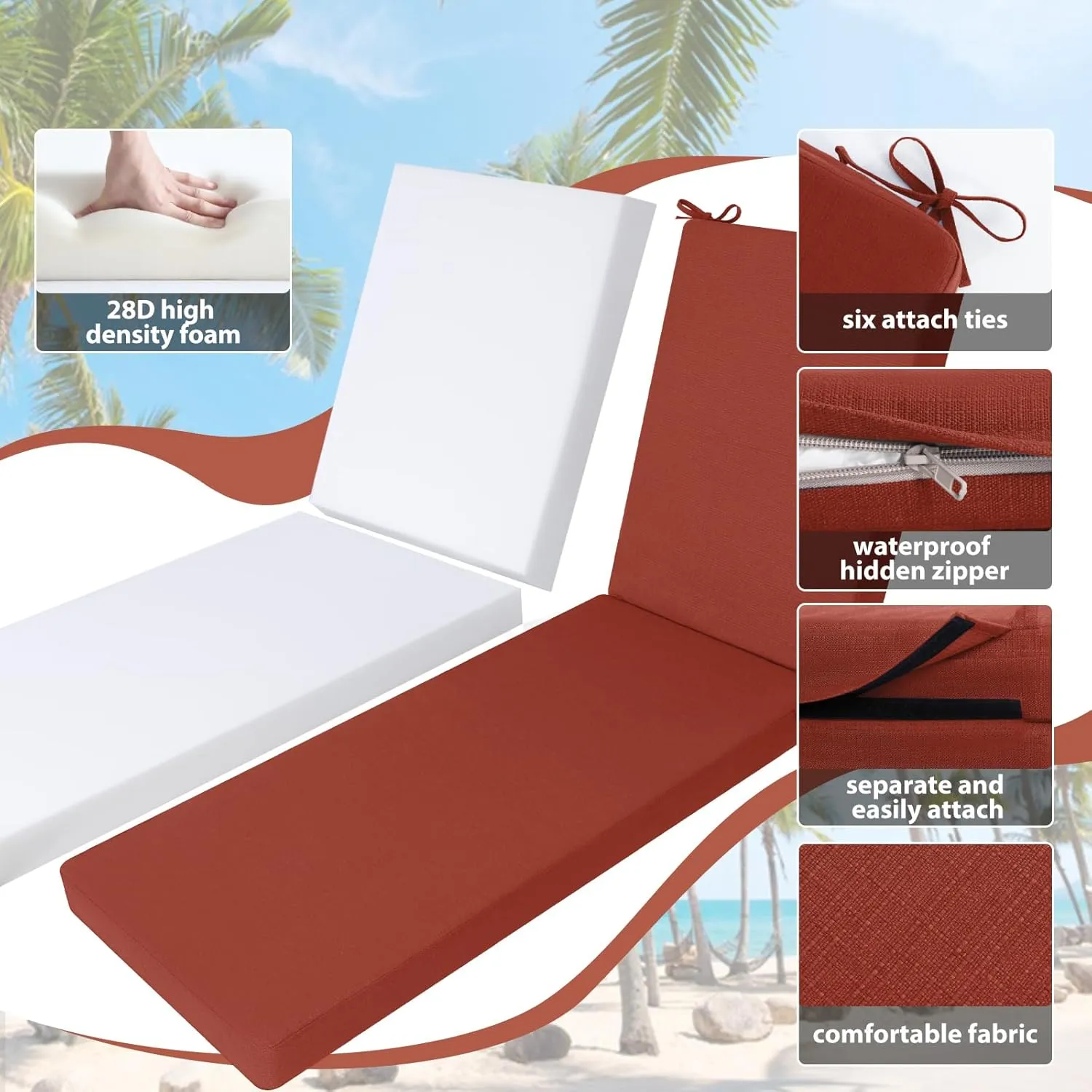 Favoyard Outdoor Lounge Chair Cushion 72x21x3 in Rainproof Color Fade-Resistant & Removable Cover Patio Chaise Lounge Cushion with High Resilience Insert Straps Hidden Zipper for Pool Lounge Chairs