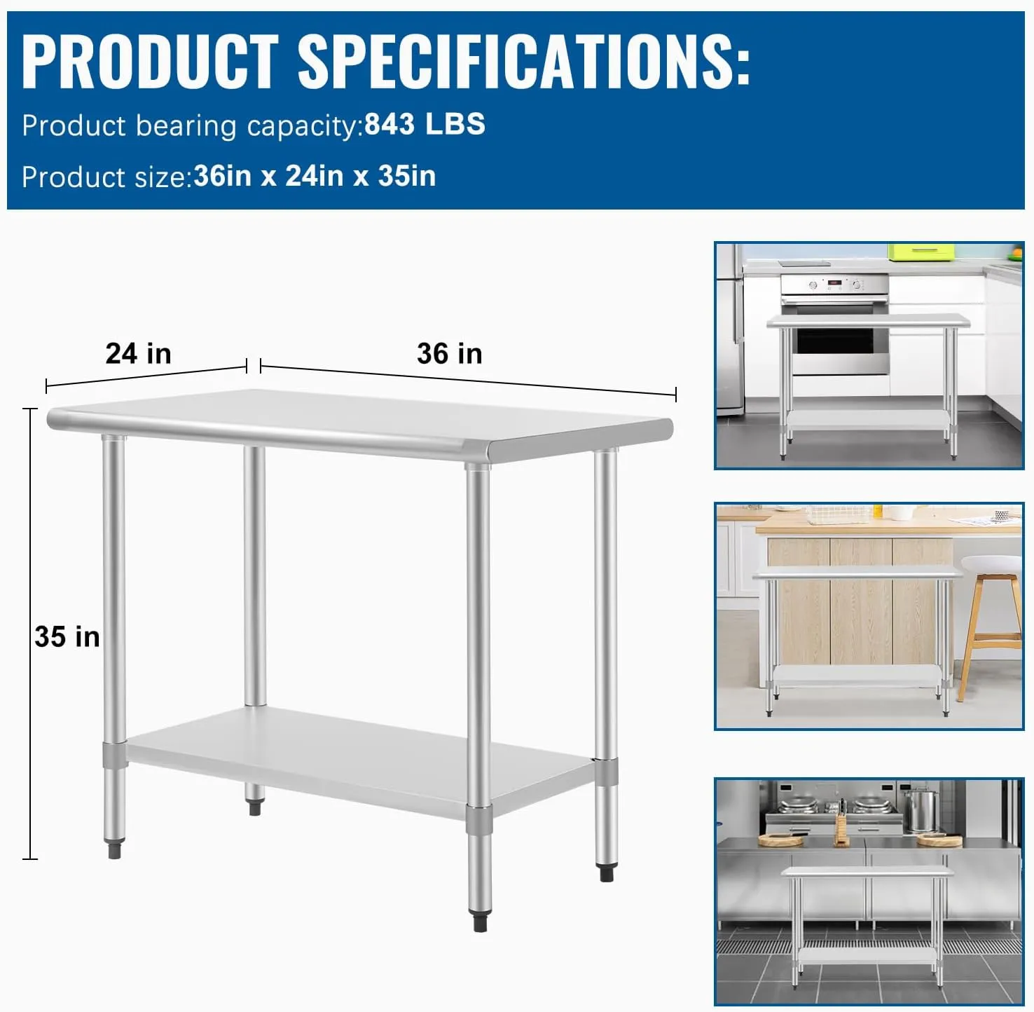 FDW 24 x 36 Inch Stainless Steel Table for Prep & Work NSF Commercial Metal Table with Adjustable Foot Kitchen Work Table Scratch Resistent Commercial Work Table