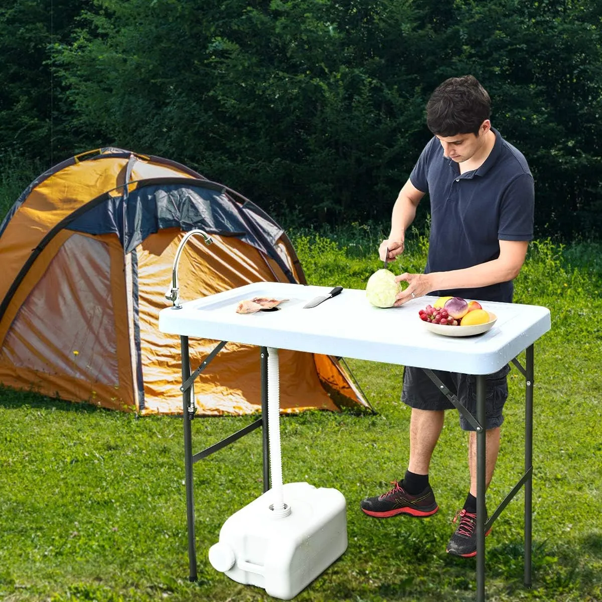 Fish Cleaning Table with Sink, Portable Camping Table w/Flexible Faucet, Drainage Hose Hook Up, Outdoor Fish Cleaning Station for Garden, Backyard, Kitchen