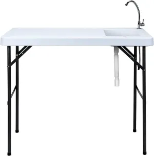 Fish Cleaning Table with Sink, Portable Camping Table w/Flexible Faucet, Drainage Hose Hook Up, Outdoor Fish Cleaning Station for Garden, Backyard, Kitchen