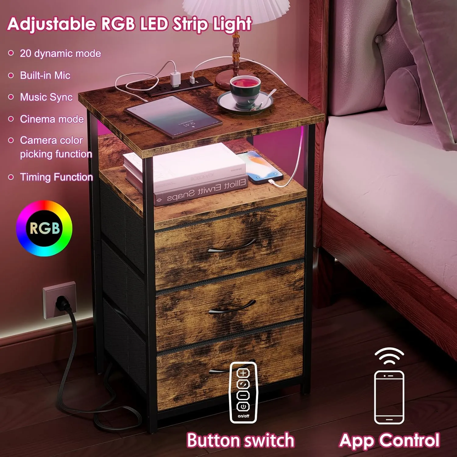 Fixwal Night Stand with Charging Station, LED Nightstand with Fabric Drawers, End Table with PU Finish, Bed Side Table, Rustic Brown