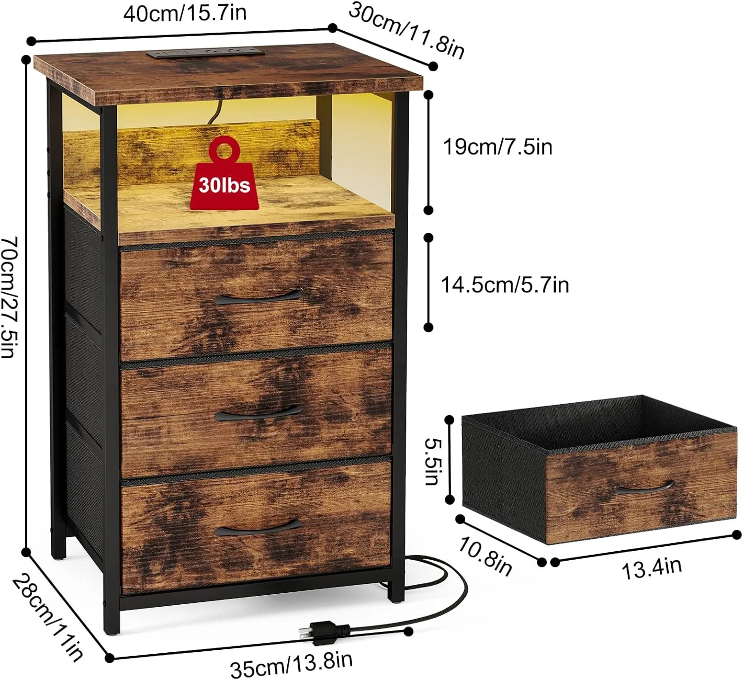 Fixwal Night Stand with Charging Station, LED Nightstand with Fabric Drawers, End Table with PU Finish, Bed Side Table, Rustic Brown
