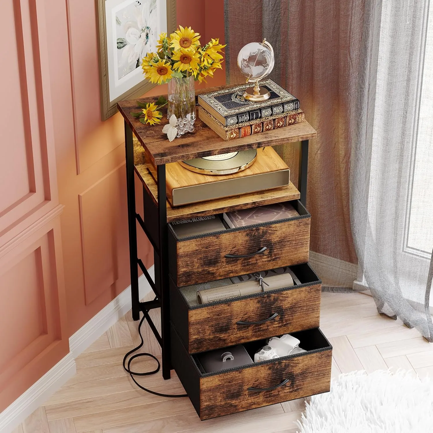 Fixwal Night Stand with Charging Station, LED Nightstand with Fabric Drawers, End Table with PU Finish, Bed Side Table, Rustic Brown
