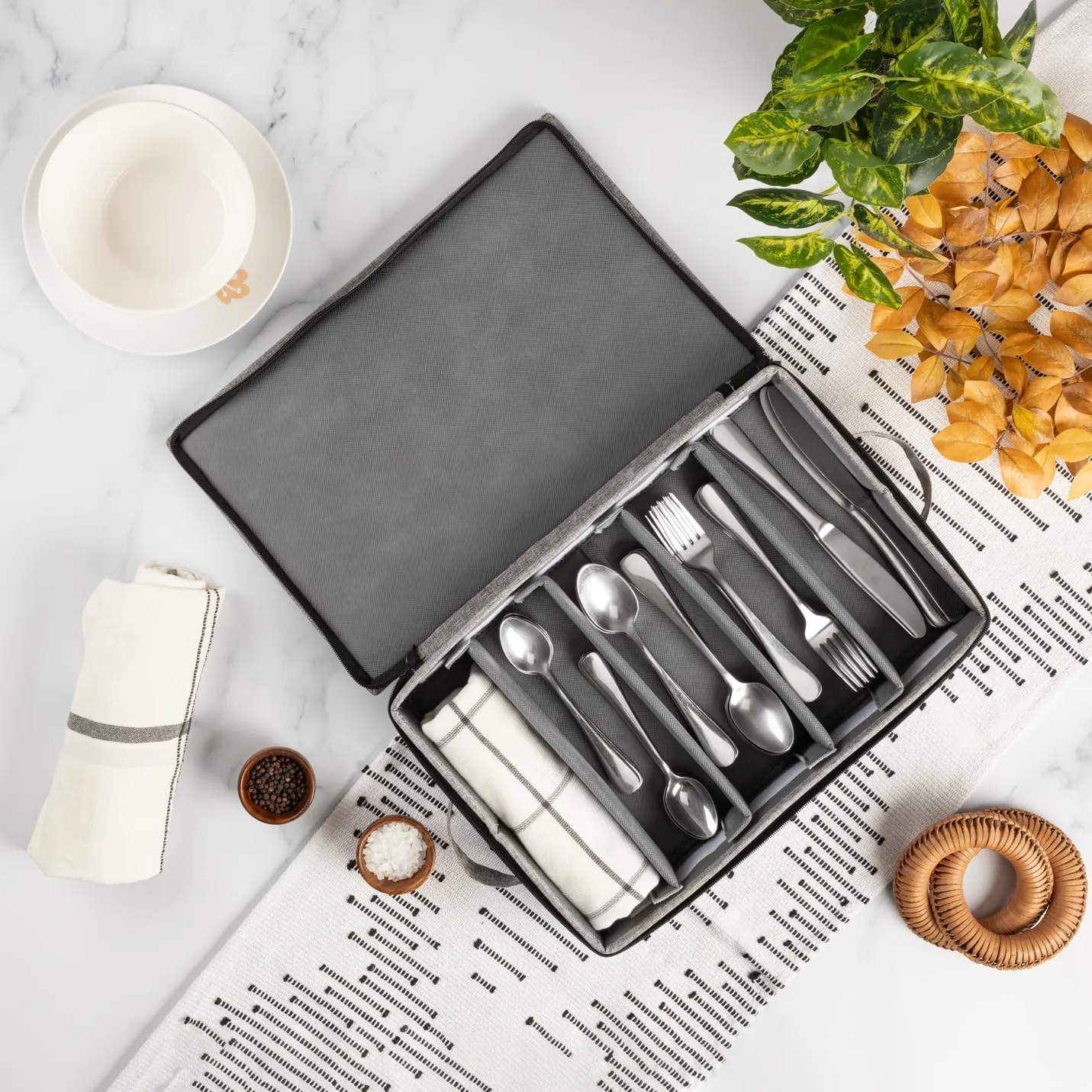 Flatware Storage Case with 5 Adjustable Compartments - Tableware Utensil Chest with Carrying Handles - Protects and Organizes Cutlery and Silverware - Hard Shell and Stackable