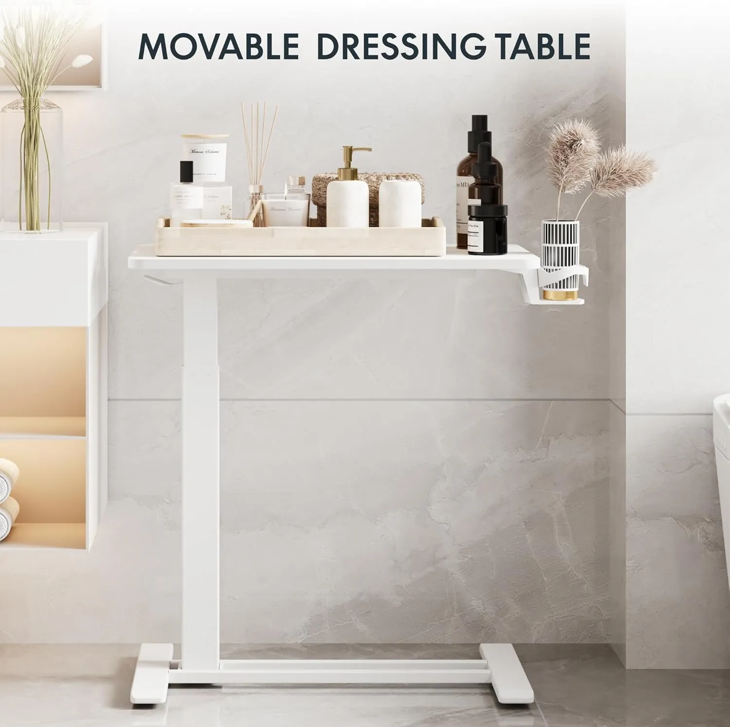 FLEXISPOT Adjustable C Table with Wheels, Mobile Snack Side End Table Sofa Couch Bedside Table Laptop Rolling Cart TV Tray Night Stand Small Space Side Table,(27.6" W x 15.7" D,White)