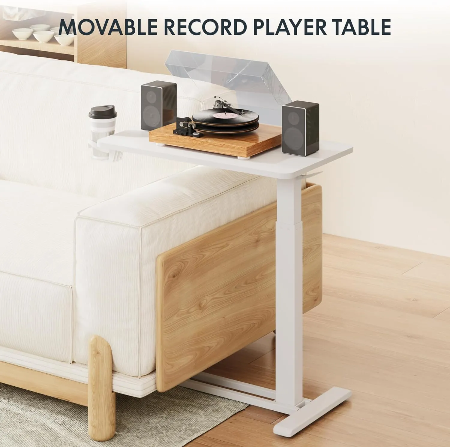FLEXISPOT Adjustable C Table with Wheels, Mobile Snack Side End Table Sofa Couch Bedside Table Laptop Rolling Cart TV Tray Night Stand Small Space Side Table,(27.6" W x 15.7" D,White)