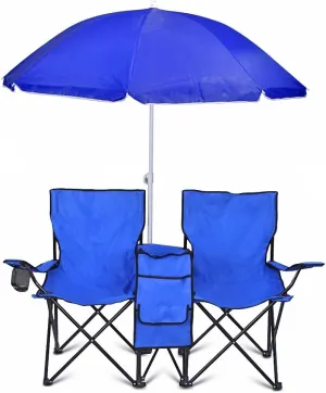Flexzion Double Folding Chair with Removable Umbrella Table Cooler Bag Fold Up Steel Construction Dual Seat for Patio Beach Lawn Picnic Fishing Camping Garden and Carrying Bag
