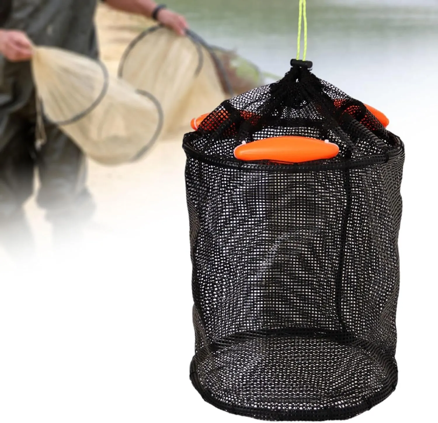 Float Fishing Basket Cage Foldable Cage Supplies Gear Coated Mesh Cloth Storage Net Netting for Kayak Reservoir Boat River