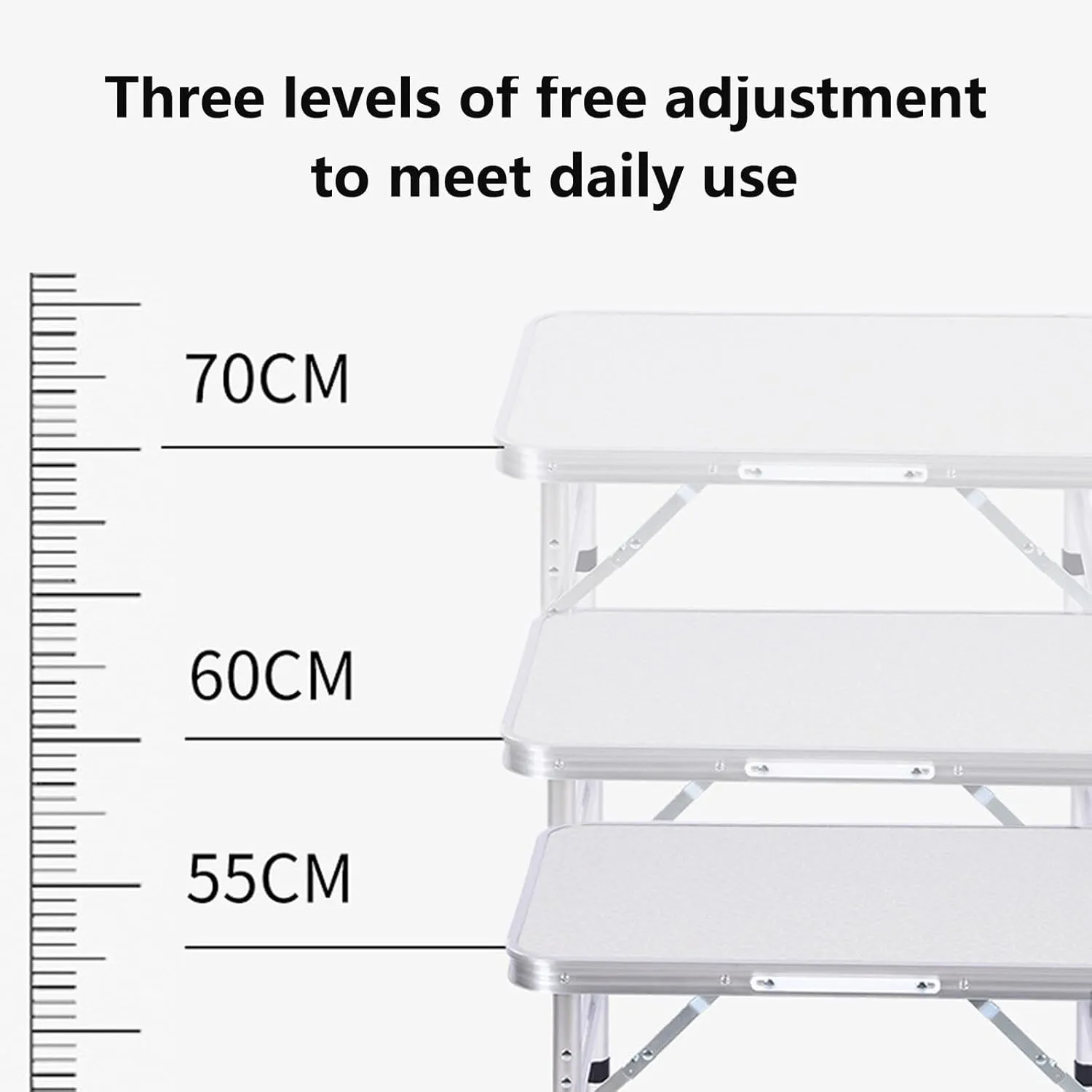 Folding Camp Table Car Camping Portable Picnic BBQ Lightweight Compact Aluminum Dining 27.5''L x21.6'W with Adjustable Height Legs Indoor Outdoor 3 Heights 21.6"/23.6"/27.5"-70 * 55cm-White