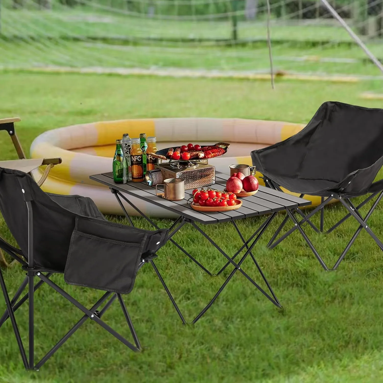 Folding Camping Chairs & Table Set, Ultralight Aluminum, 2 Foldable Camp Chairs, 1 Picnic Table, Carry Bag, for Outdoor, Hiking, Travel and Picnic, Black