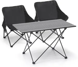 Folding Camping Chairs & Table Set, Ultralight Aluminum, 2 Foldable Camp Chairs, 1 Picnic Table, Carry Bag, for Outdoor, Hiking, Travel and Picnic, Black