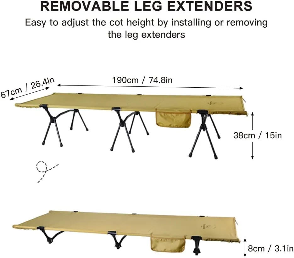 Folding Camping Cot with Leg Extenders Portable Camping Sleeping Cot Bed for Camping Hiking Traveling Backpacking