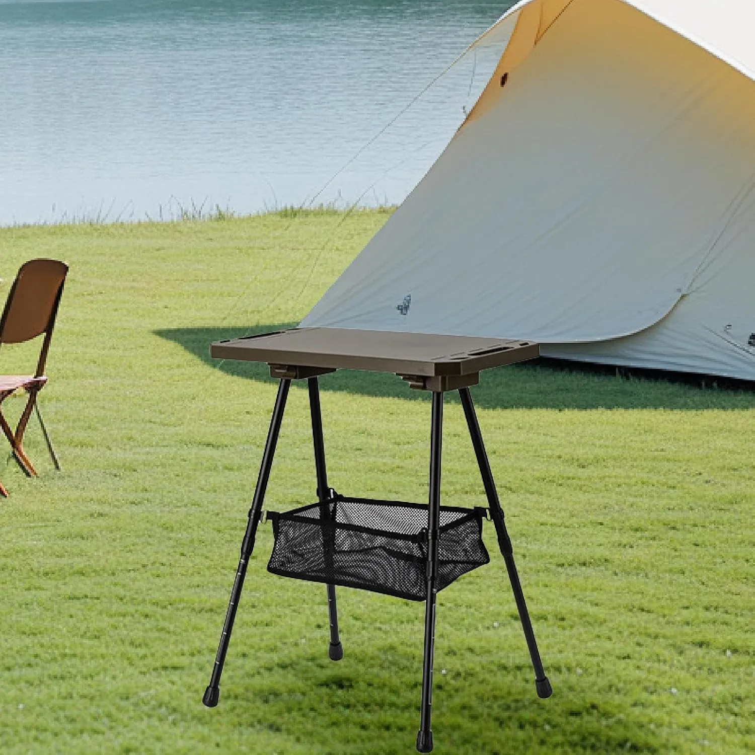 Folding Camping Table Aluminum Alloy Desk Furniture Adjustable Height with Storage for Tailgating Kitchen Garden Party Yard, Dark Green