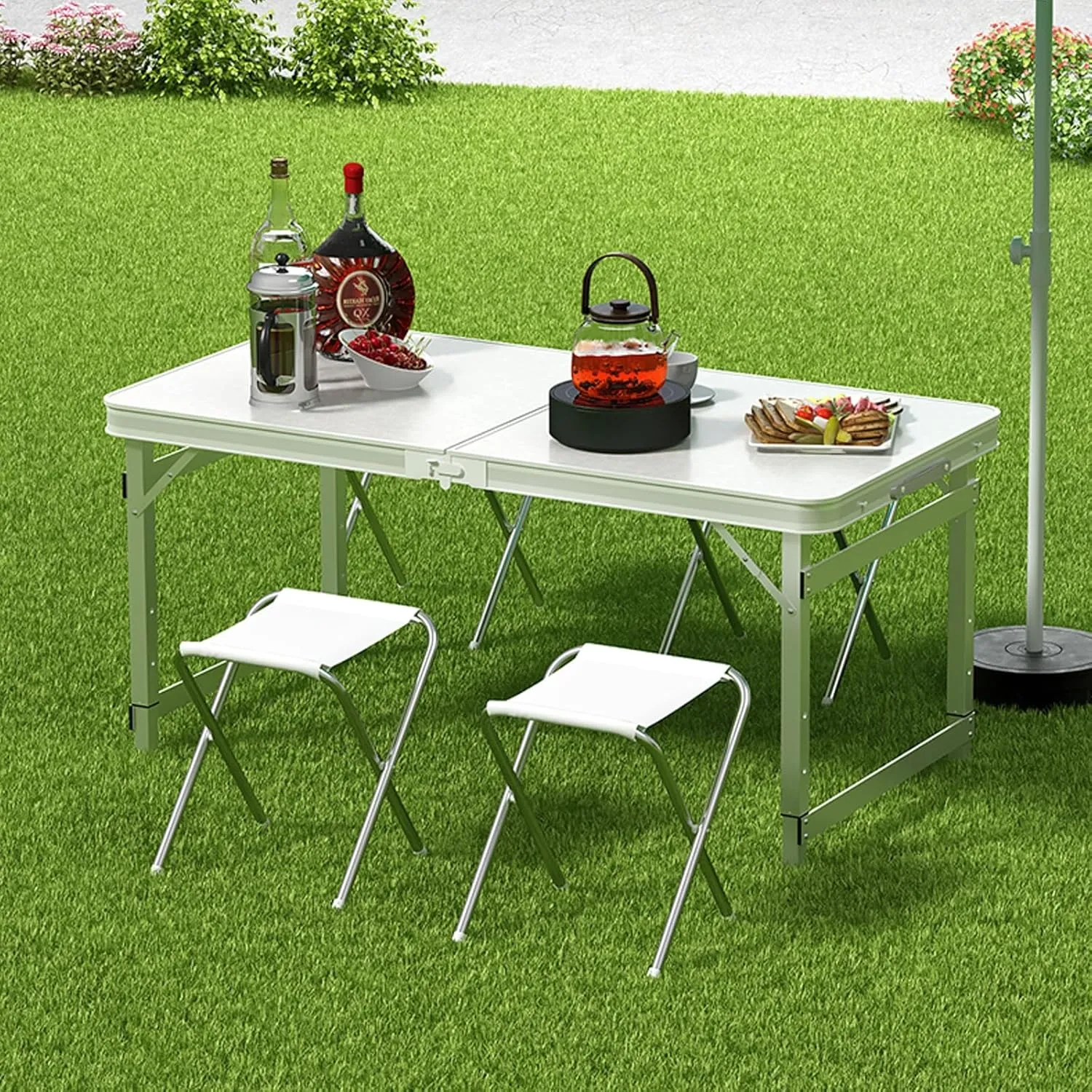 Folding Camping Table and Chairs, Aluminum Folding Table, Adjustable Height, Folding Table and Chairs for Camping, Picnic, BBQ, Beach (Color : D)
