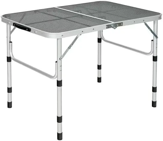 Folding Camping Table, Lightweight Portable Aluminum Picnic Table with Adjustable Height & Iron Mesh Top, Outdoor BBQ Grill Stand