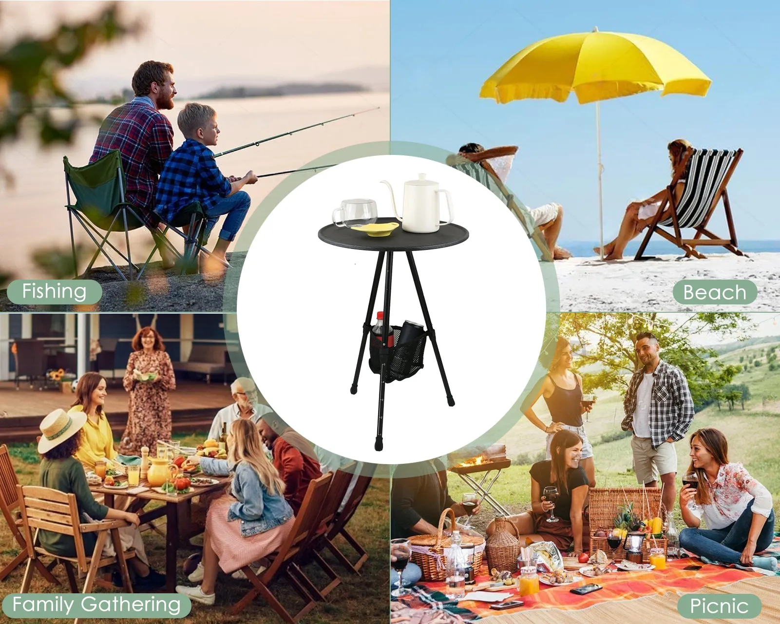 Folding Camping Table Outdoor Folding Portable Picnic Camping Table with Adjustable Leg, Carrying Bag and Mesh Storage Organizer