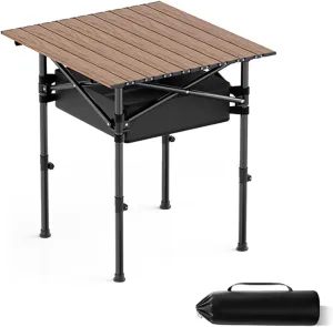 Folding Camping Table Portable Made of Carbon Steel Adjustable Height, with Storage Net Pocket for Outdoor, Camping, Beach(Brown,53 * 50cm)