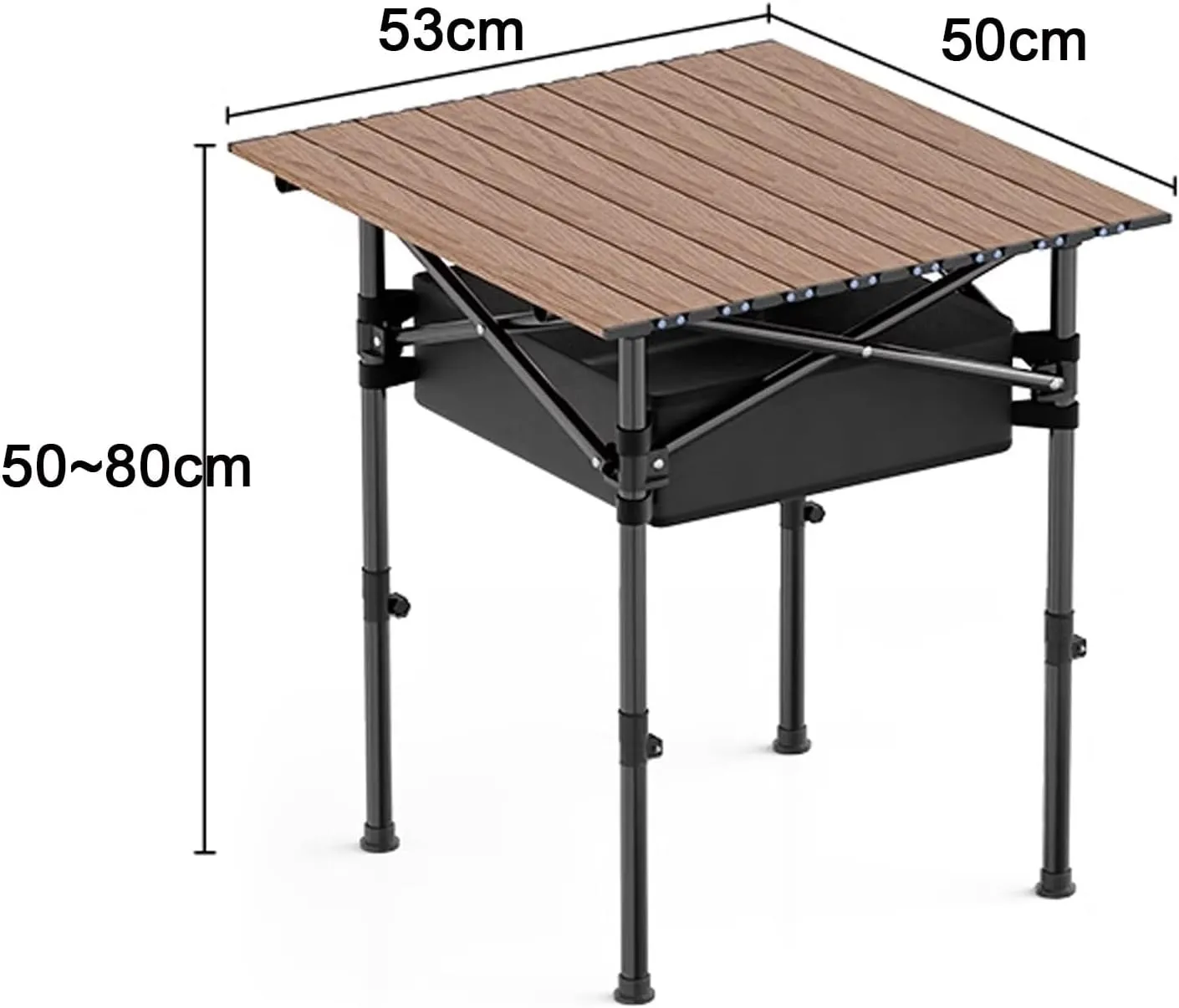 Folding Camping Table Portable Made of Carbon Steel Adjustable Height, with Storage Net Pocket for Outdoor, Camping, Beach(Brown,53 * 50cm)